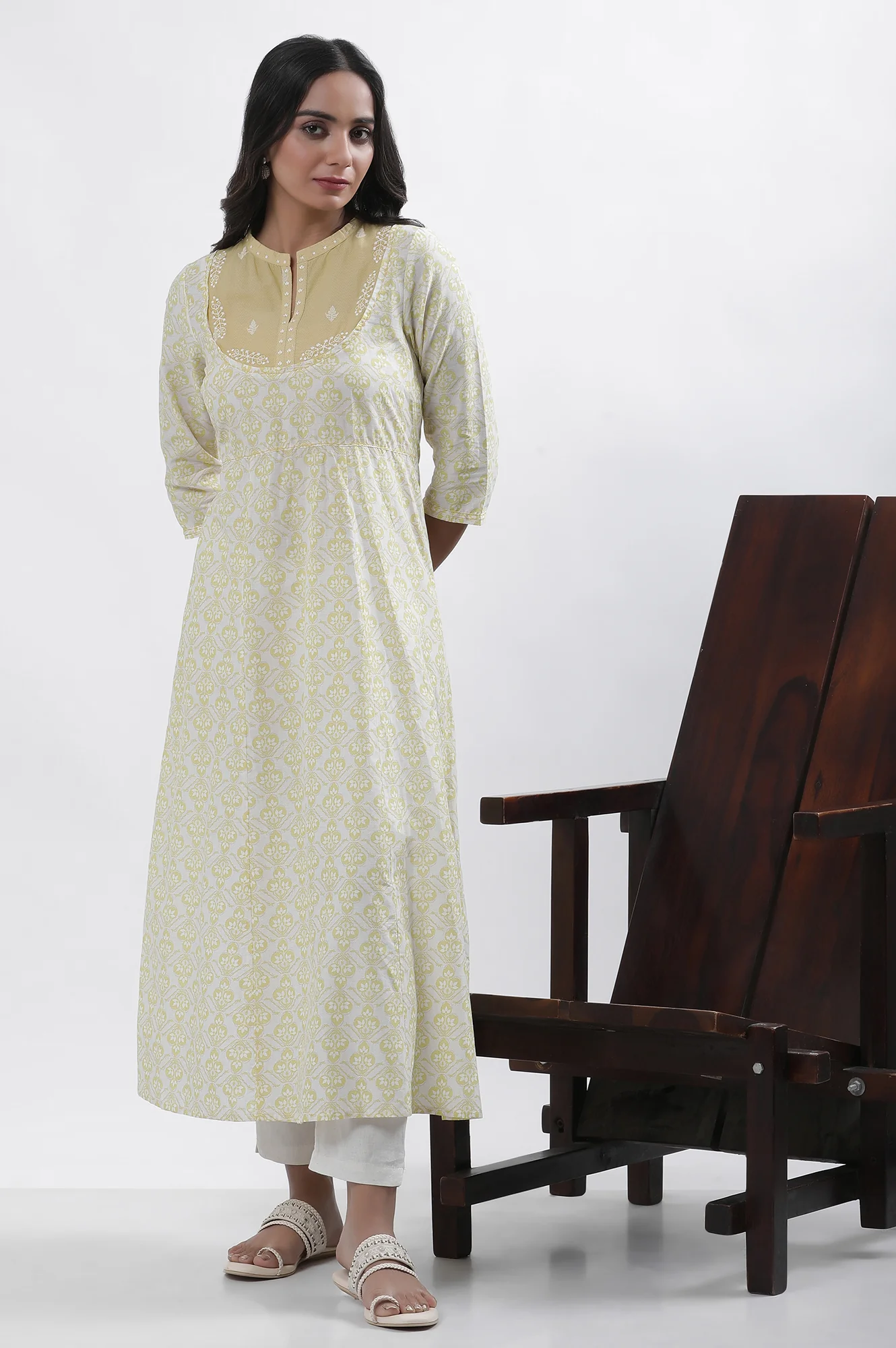 Pale Yellow Printed Dress And Pants Set