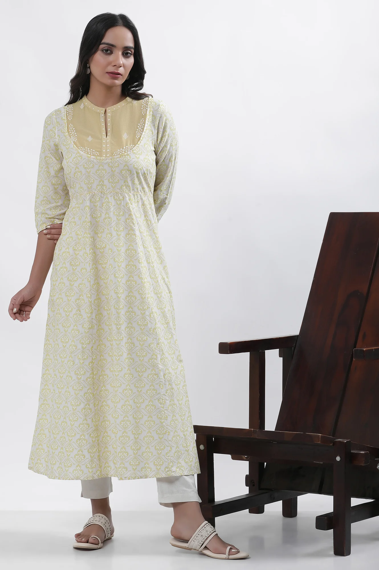 Pale Yellow Printed Dress And Pants Set - Image 2