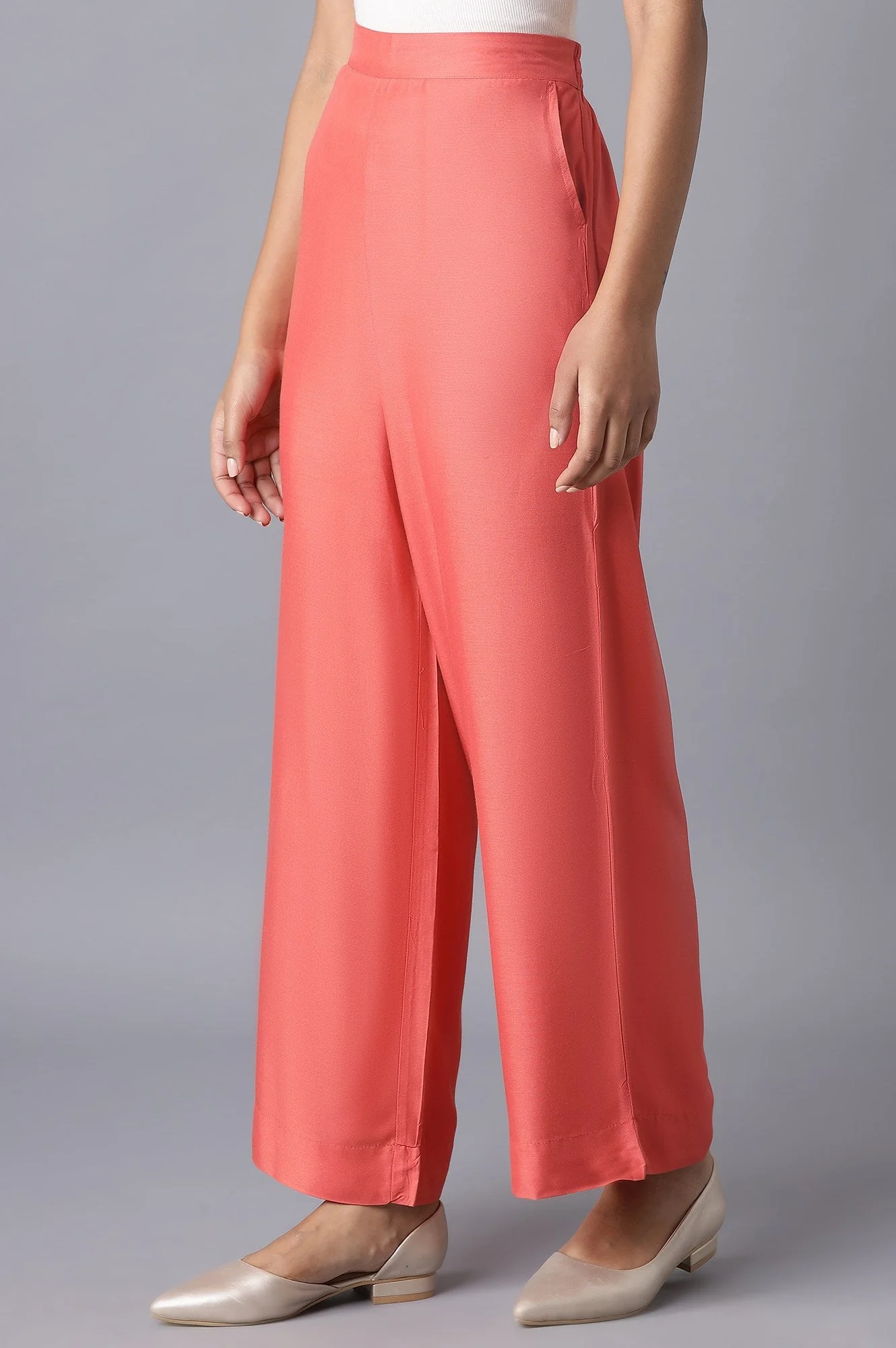 Peach Solid Straight Fit Tencel Palazzo With Elasticated Waistband - Image 3