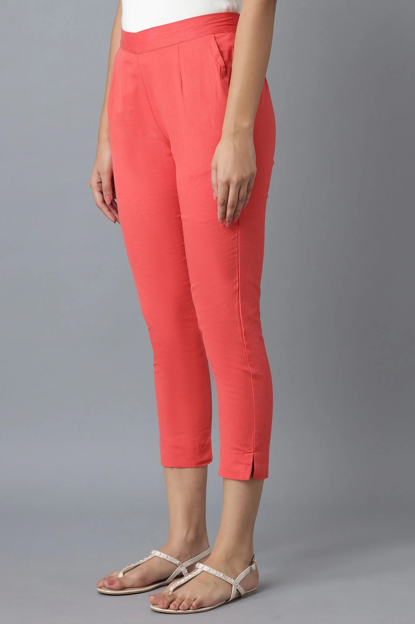 Peach Solid Straight Fit Cotton Trousers With Elasticated Waistband - Image 3