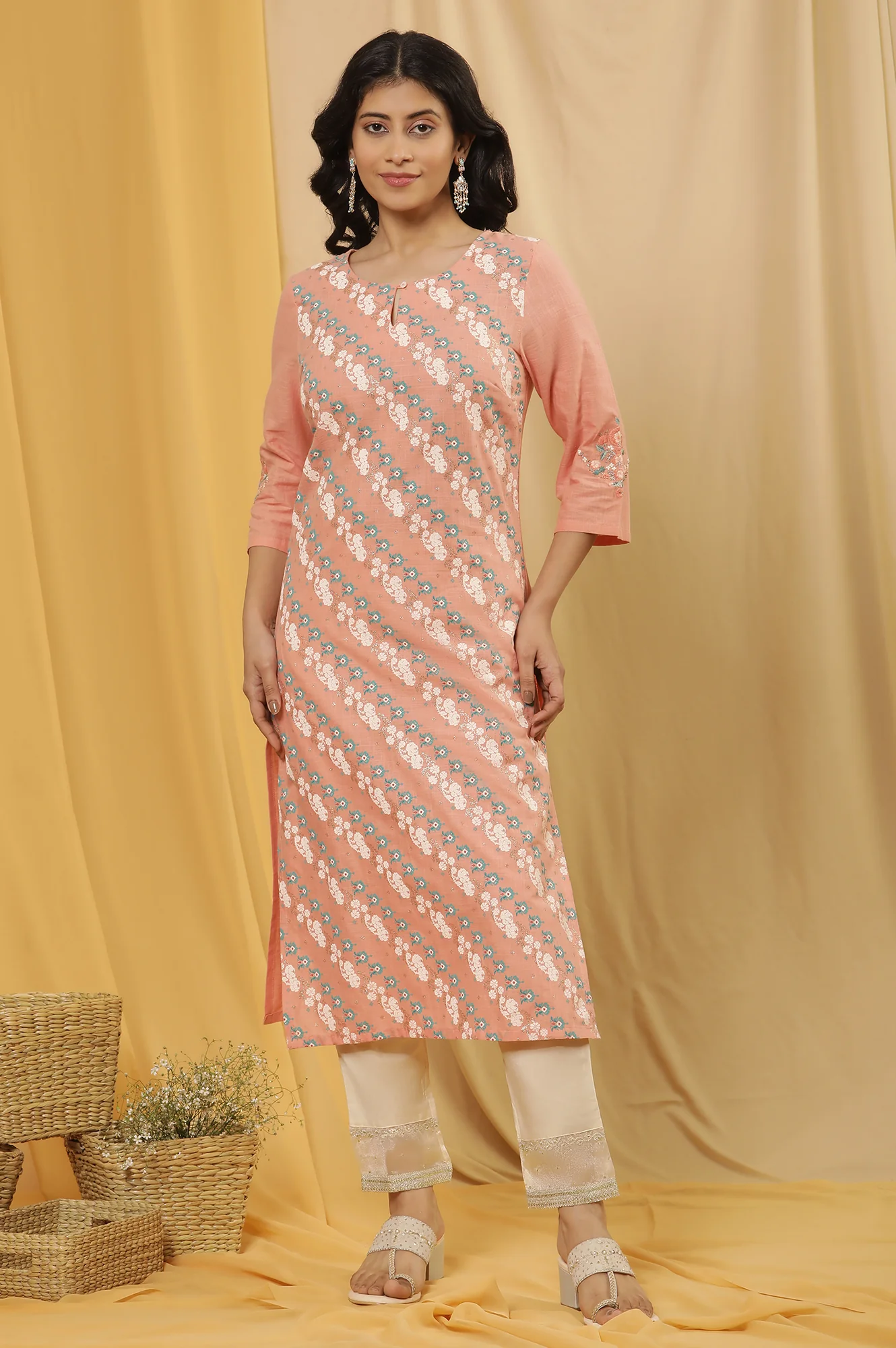 Peach Printed Straight Kurta And Embellished Slim Pants - Image 2