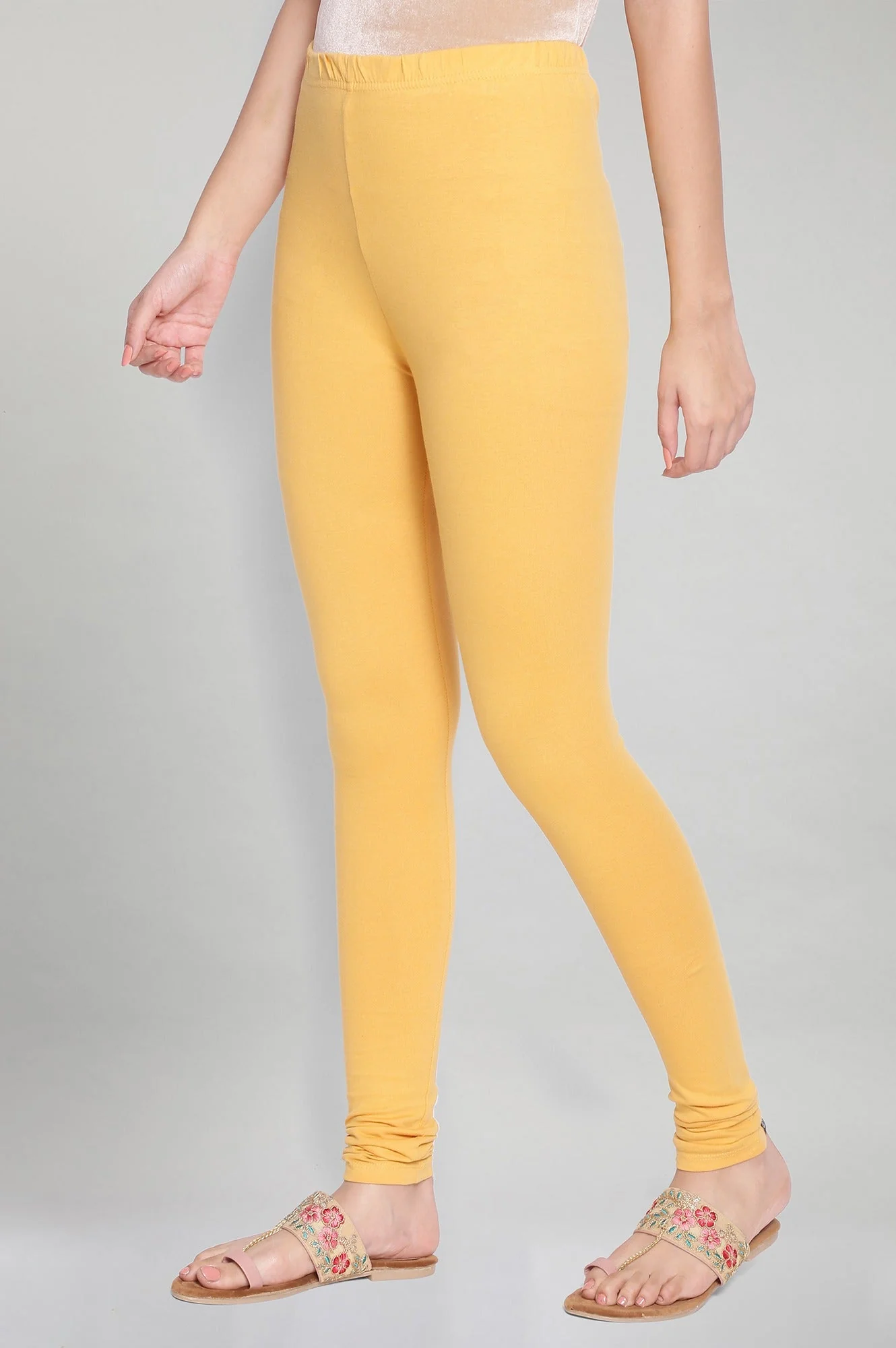 Yellow Solid Knitted Women Churidar - Image 3