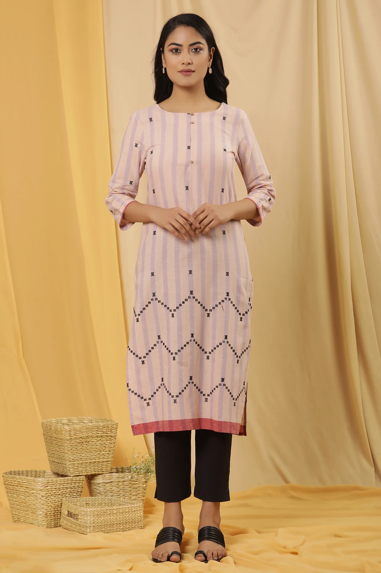 Peach Striped Cotton Kurta And Trousers Set - Image 2
