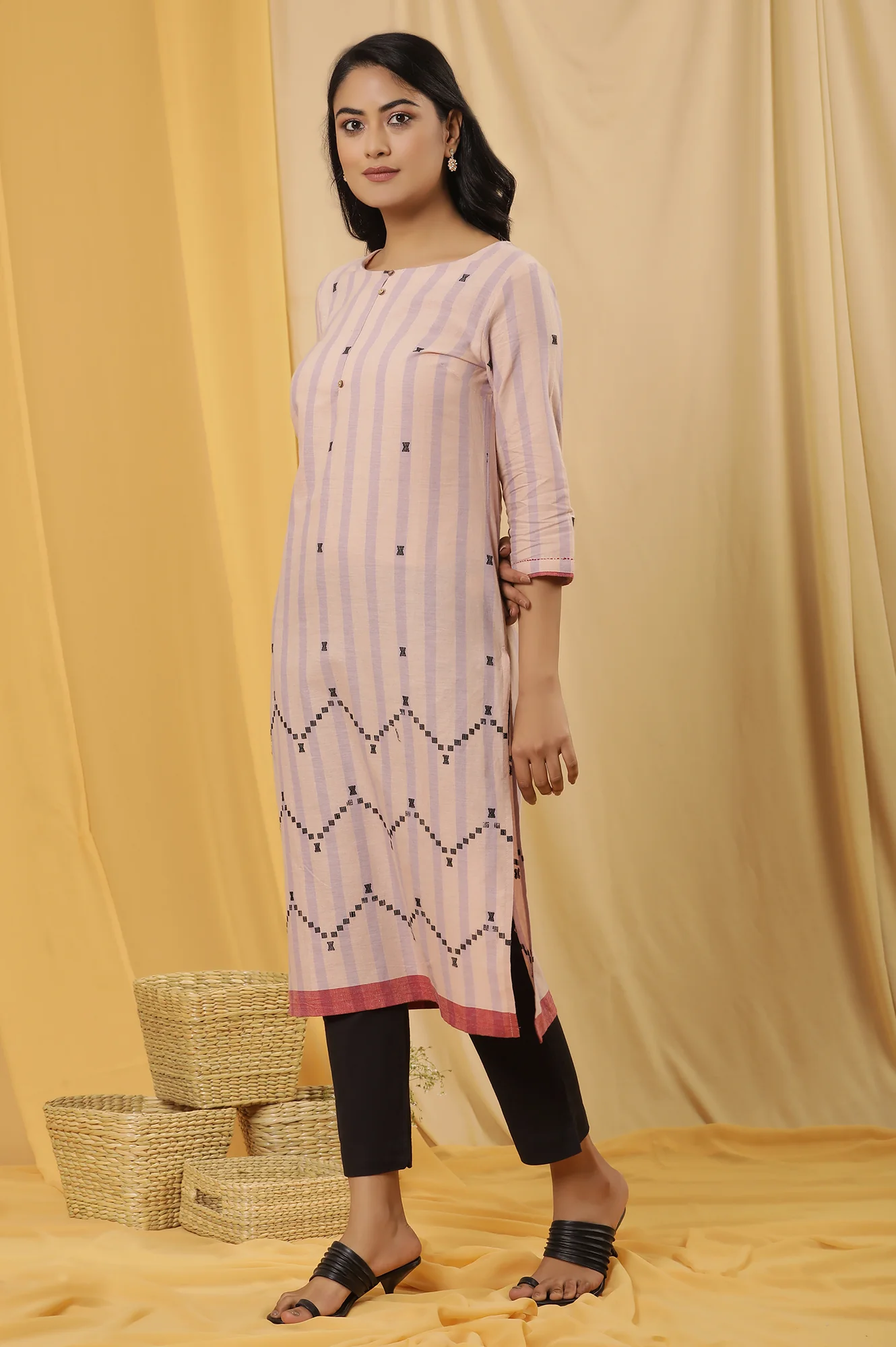 Peach Striped Cotton Kurta And Trousers Set - Image 3