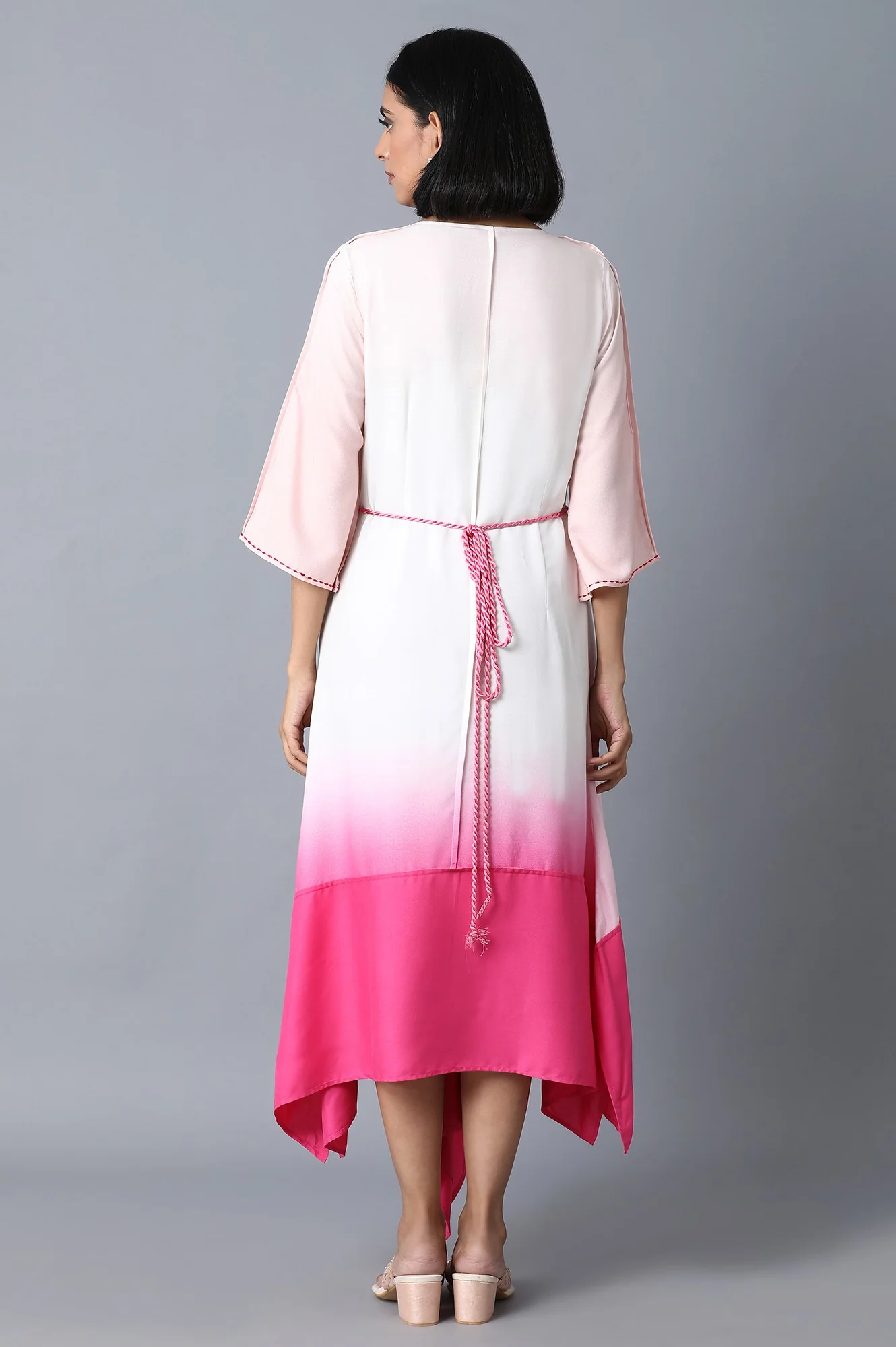 Pink and Ecru Color Blocked Asymetric Dress - Image 2
