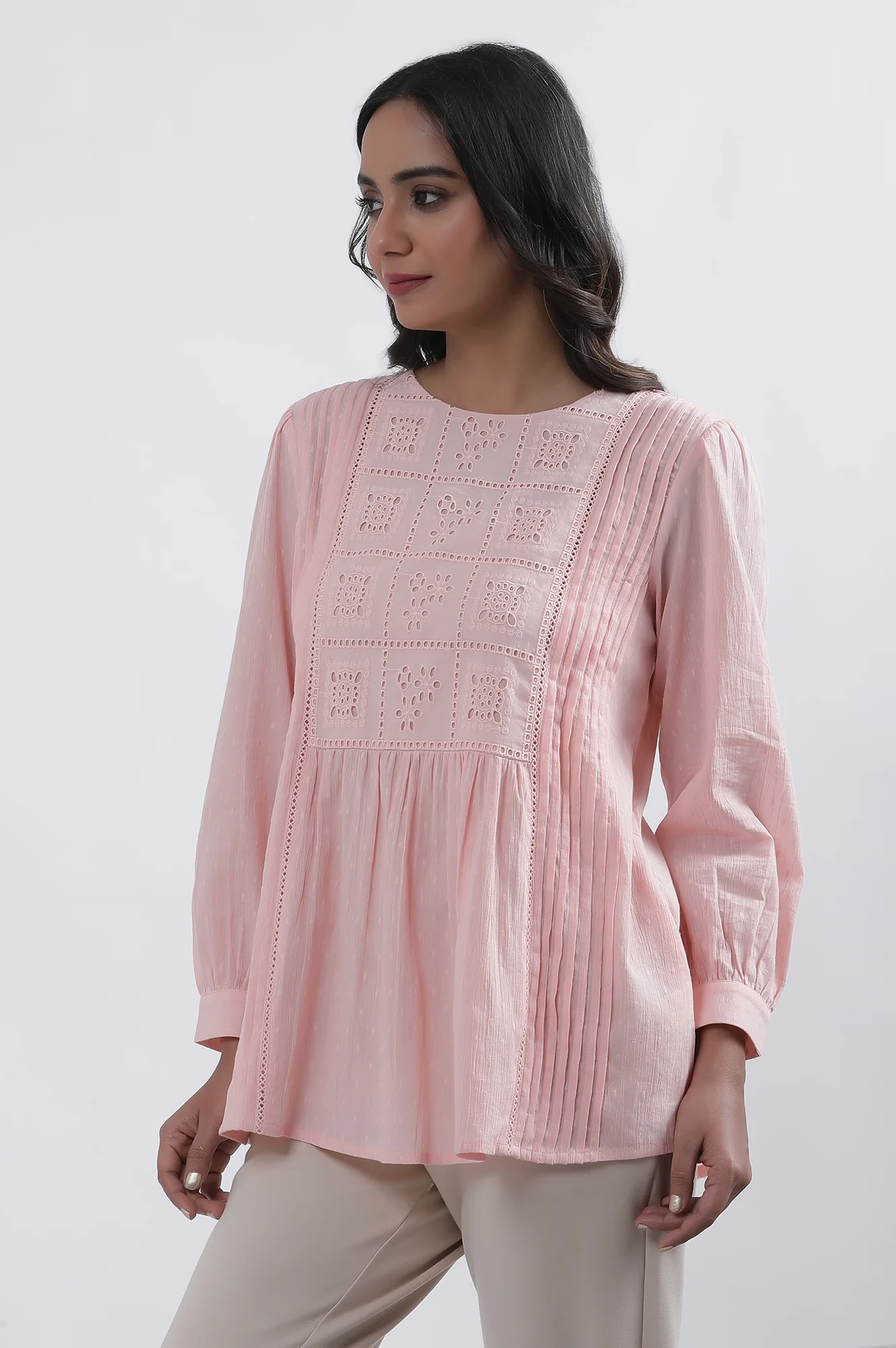 Pink Cotton A-Line Schiffli Top - Image 2