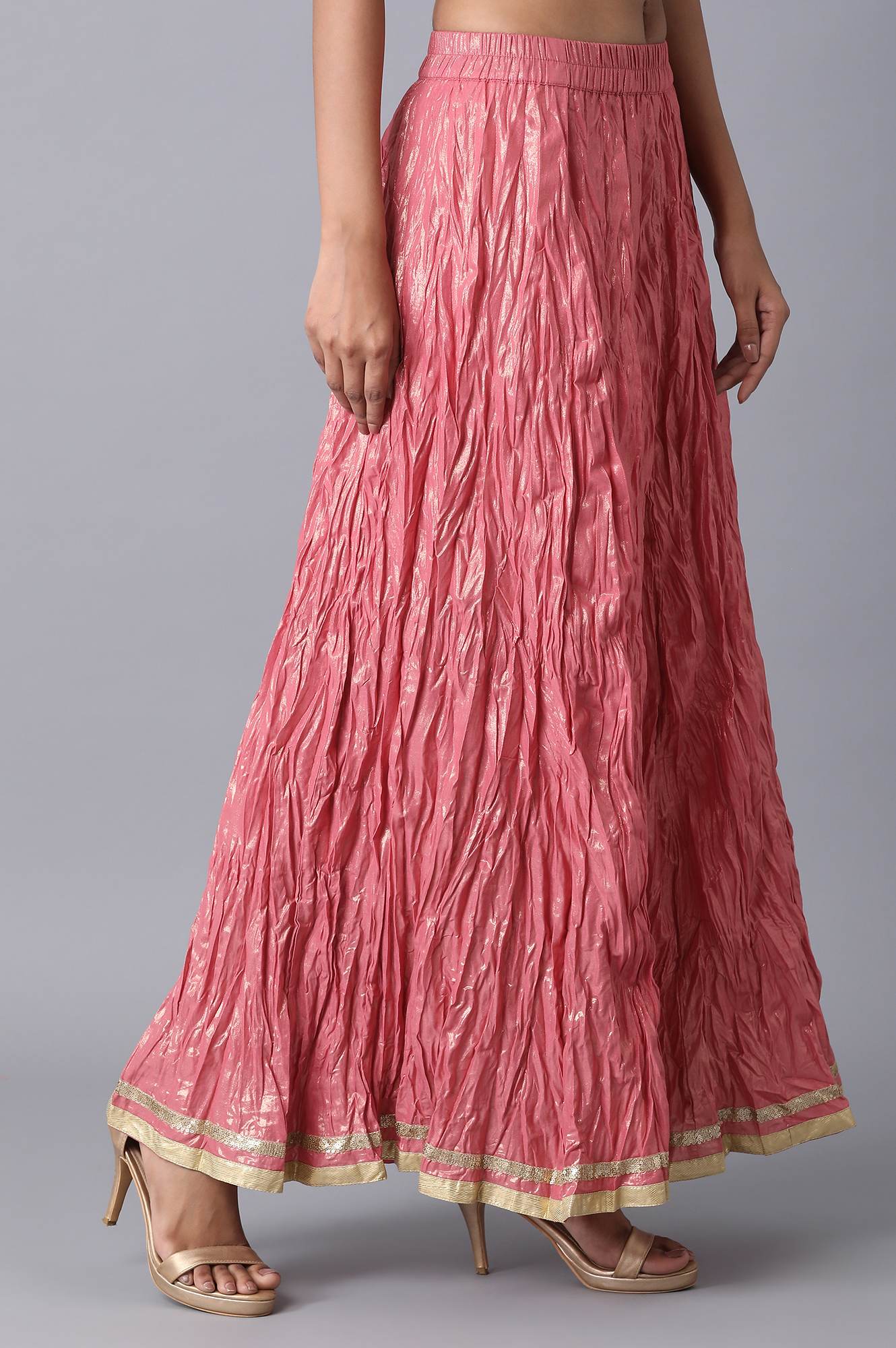 Pink Floral Printed Flared Cotton Skirt With Elasticated Waist - Image 4
