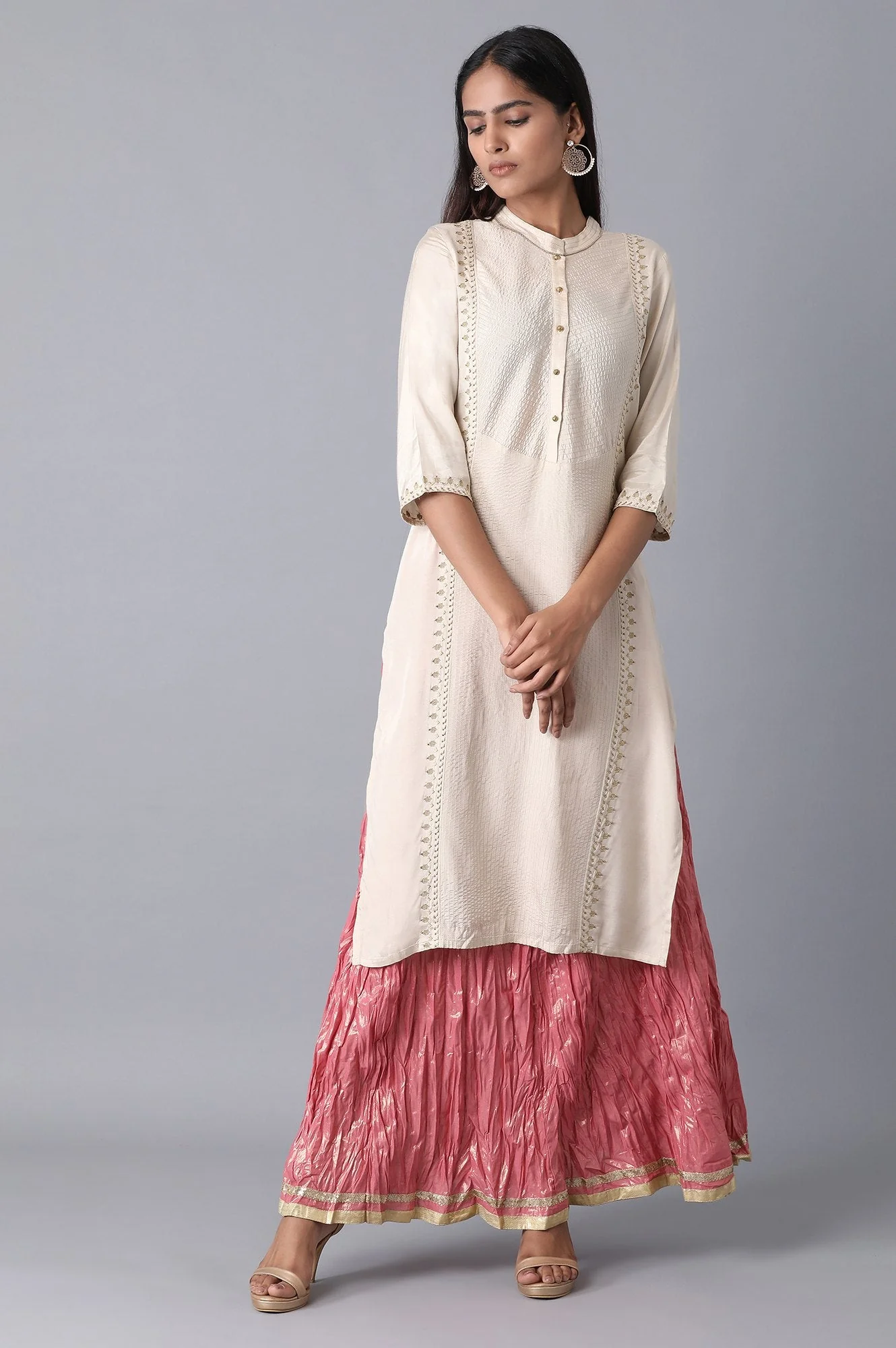 Pink Floral Printed Flared Cotton Skirt With Elasticated Waist - Image 5