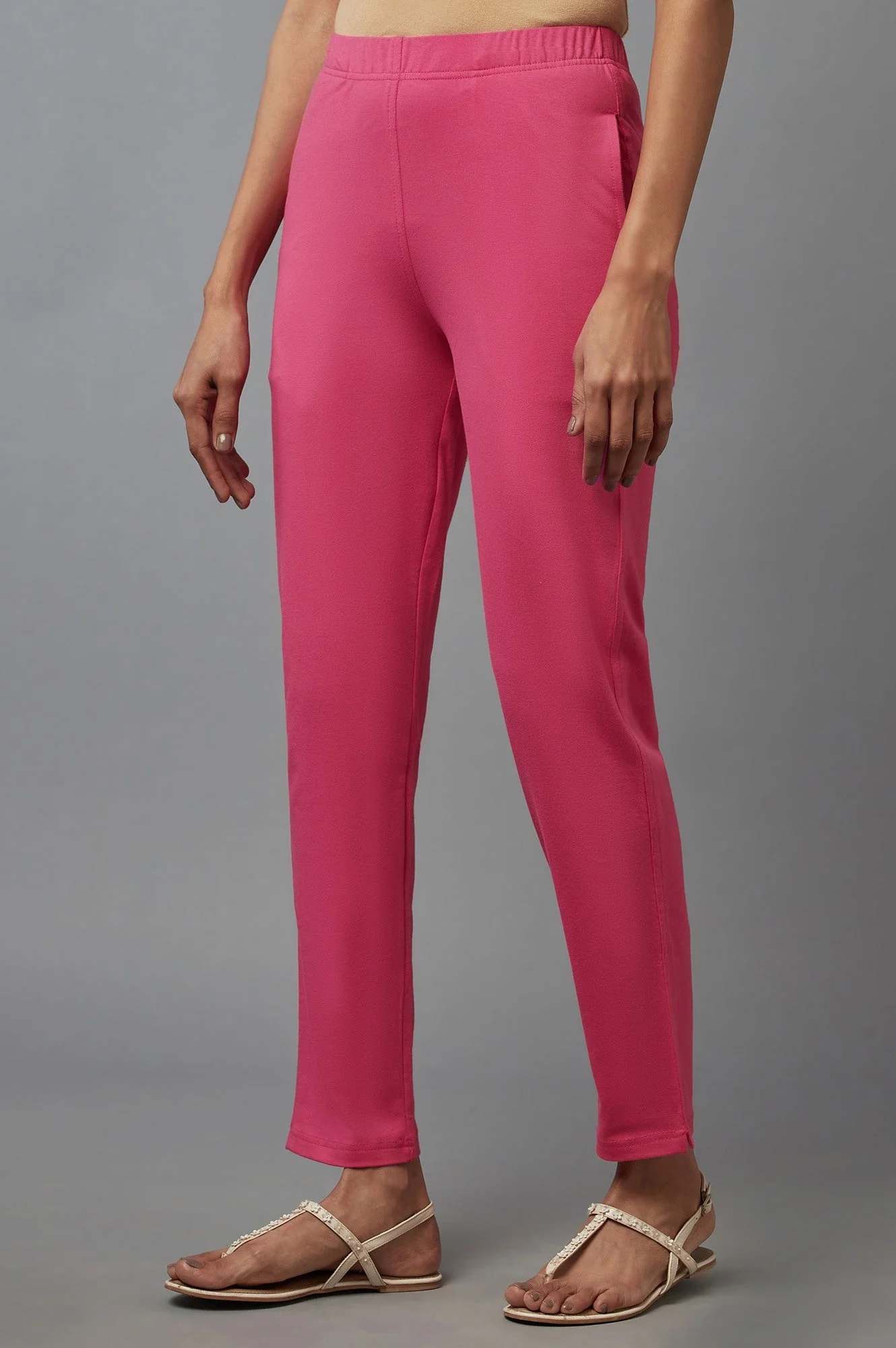 Pink Solid Flared Cotton Pants With Elasticated Waist - Image 3