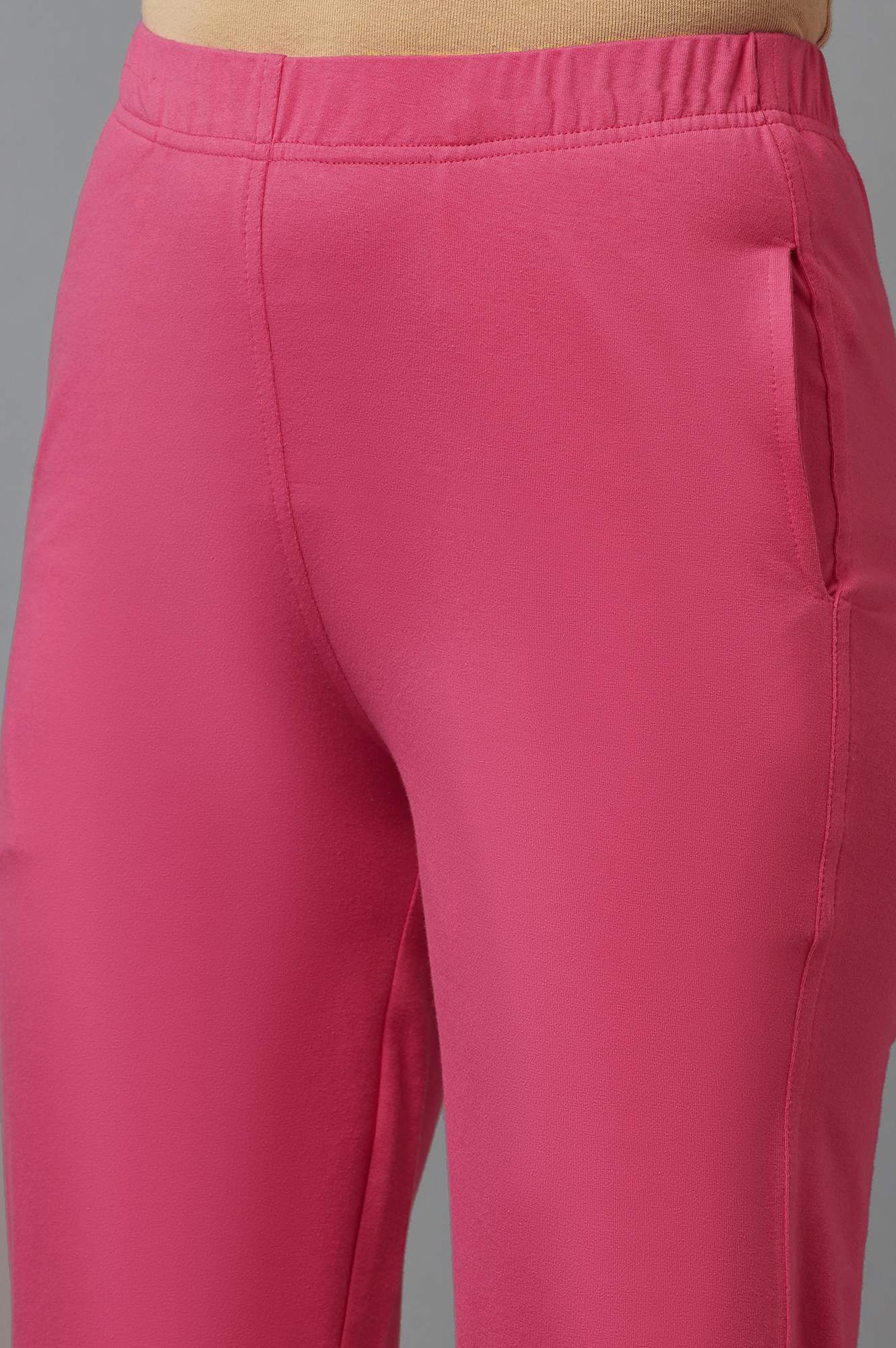 Pink Solid Flared Cotton Pants With Elasticated Waist - Image 6