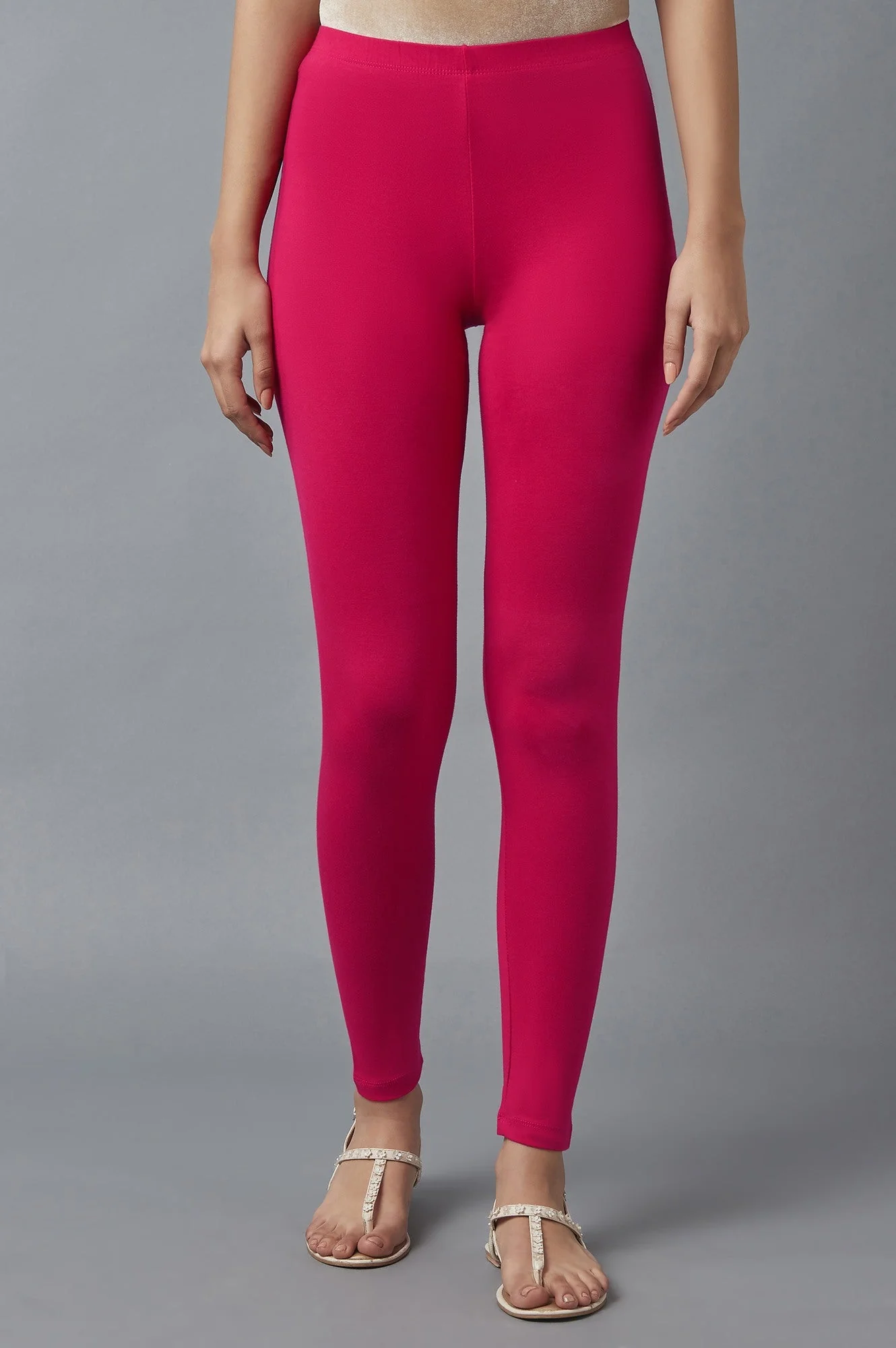 Pink Solid Skinny Fit Cotton Tights With Elasticated Waist - Image 2