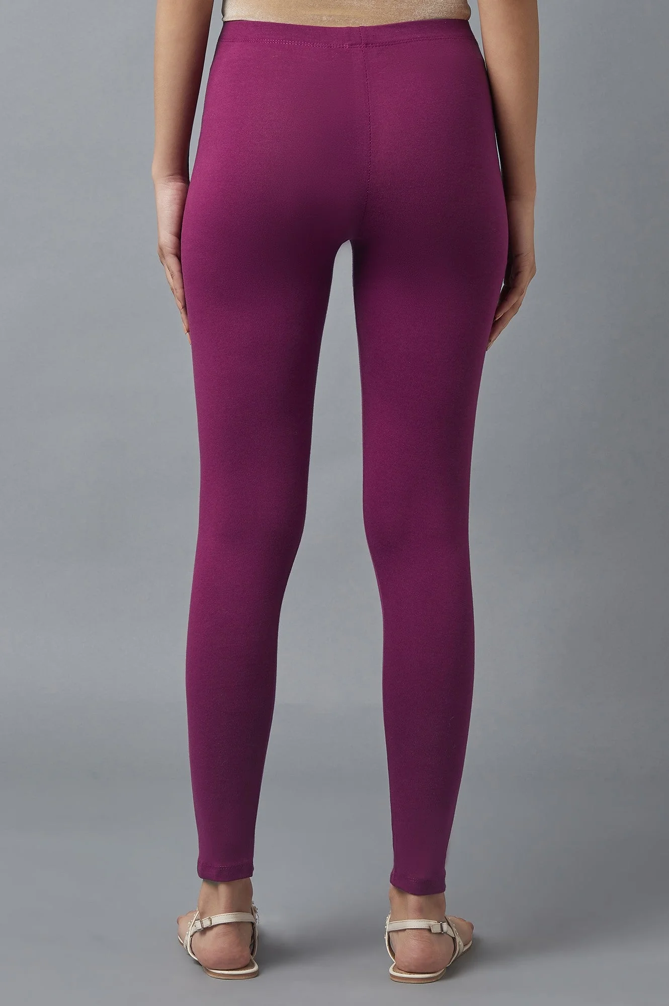 Purple Solid Skinny Fit Cotton Tights With Elasticated Waist - Image 2