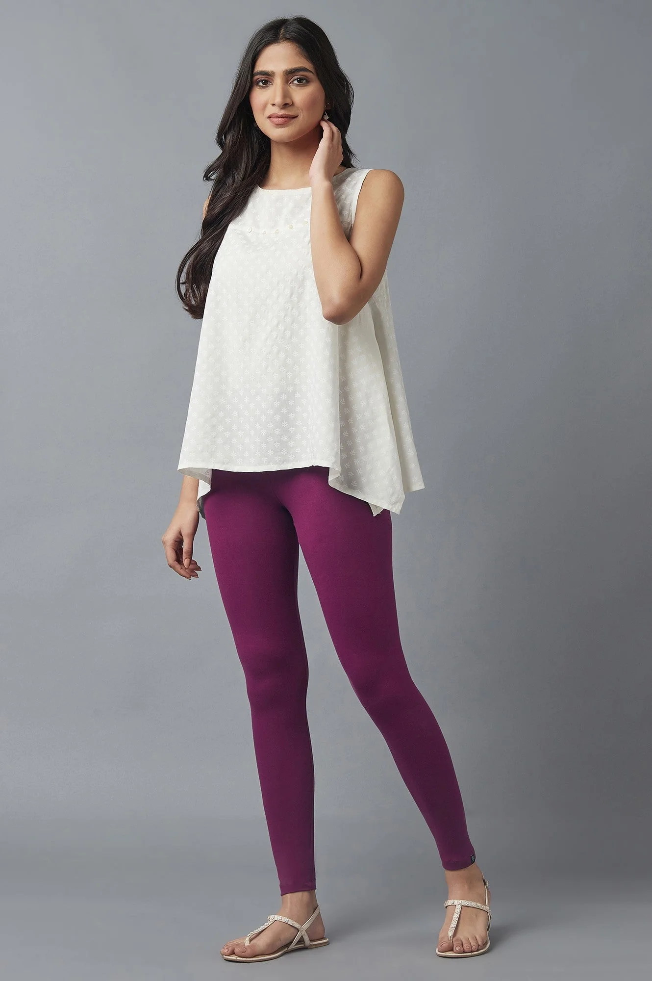 Purple Solid Skinny Fit Cotton Tights With Elasticated Waist - Image 5