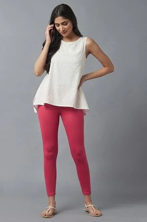 Pink Solid Flared Cotton Tights With Elasticated Waist - Image 5