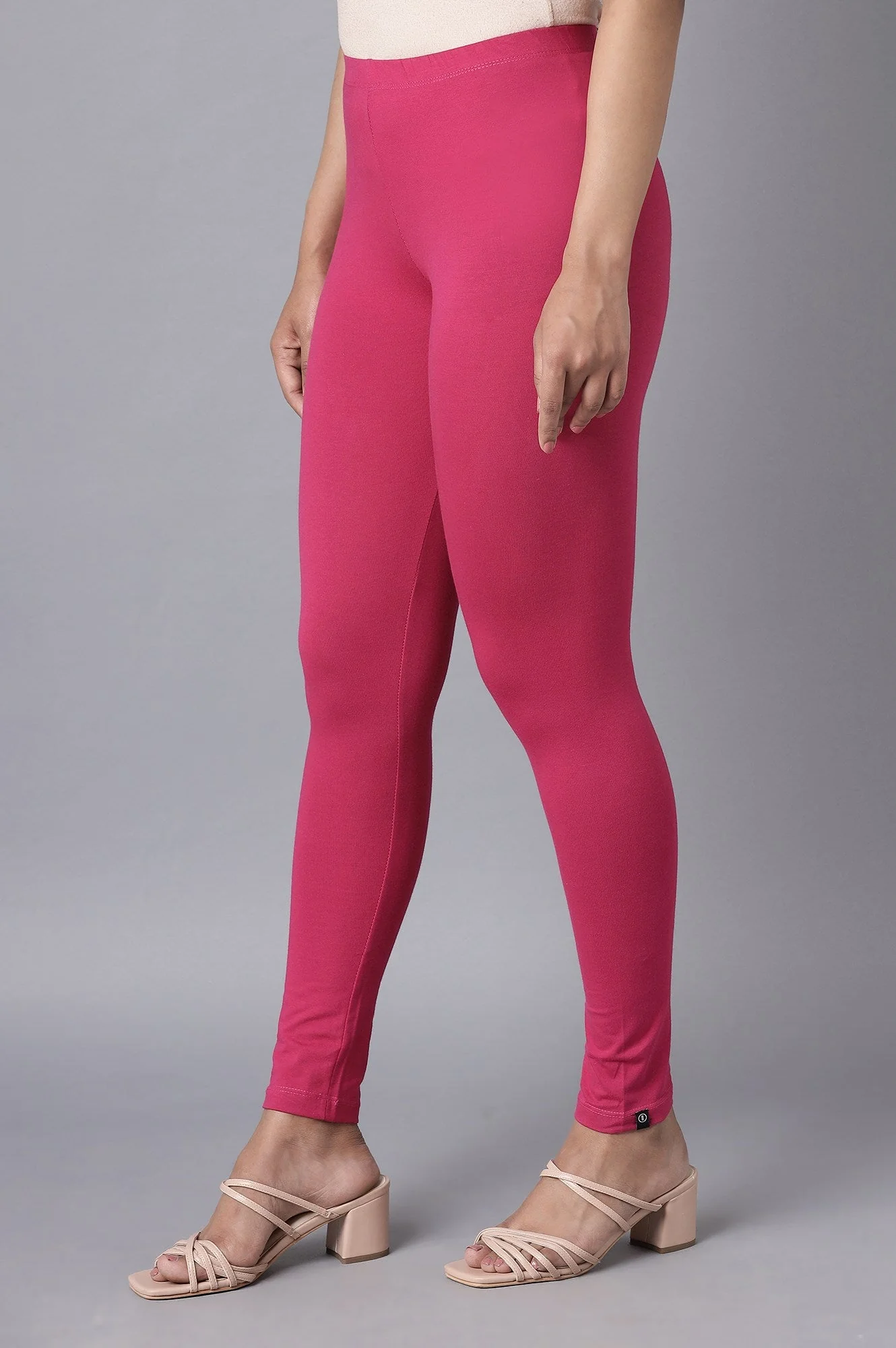 Pink Solid Skinny Fit Cotton Tights With Elasticated Waist - Image 3