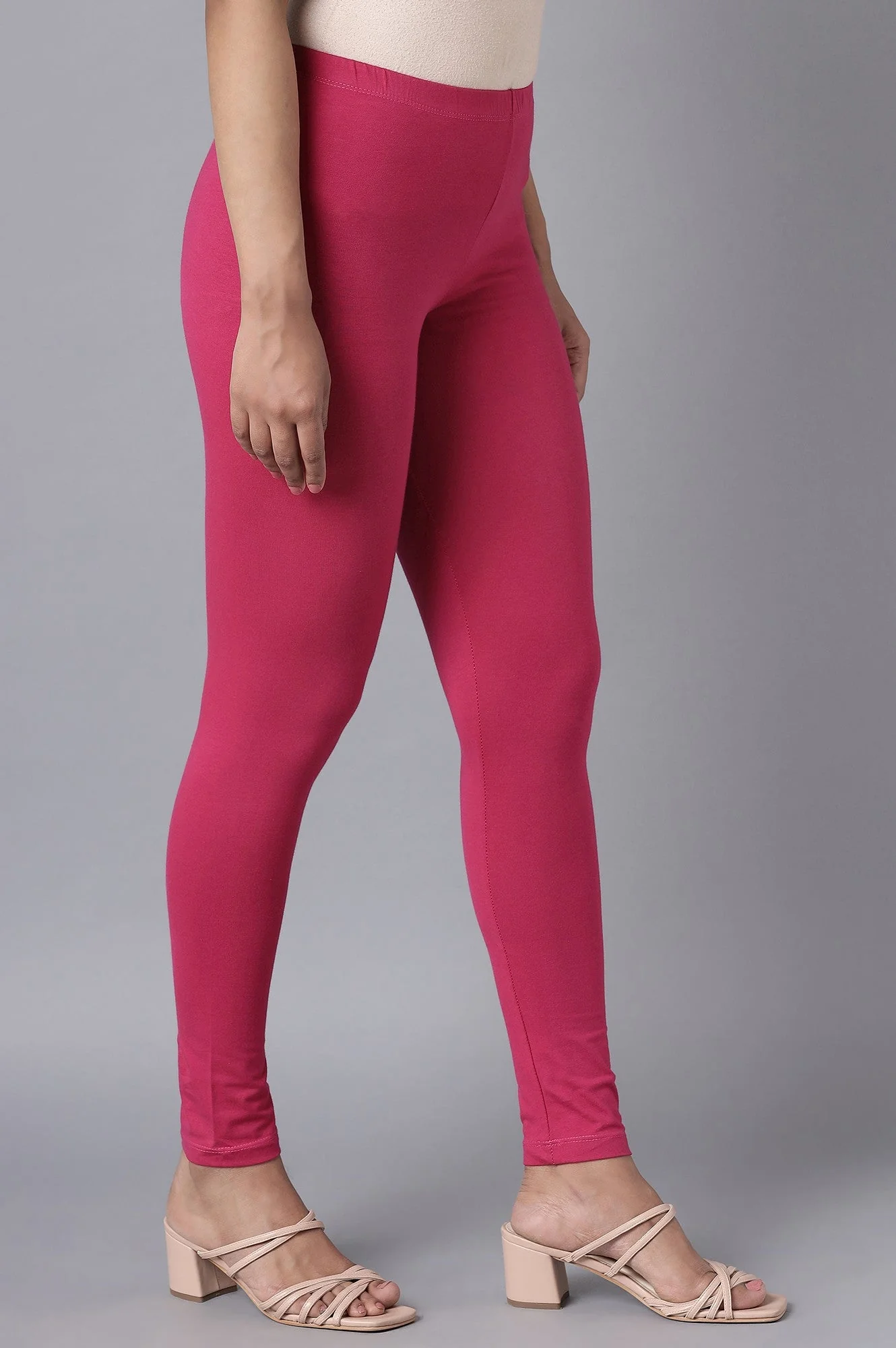 Pink Solid Skinny Fit Cotton Tights With Elasticated Waist - Image 4