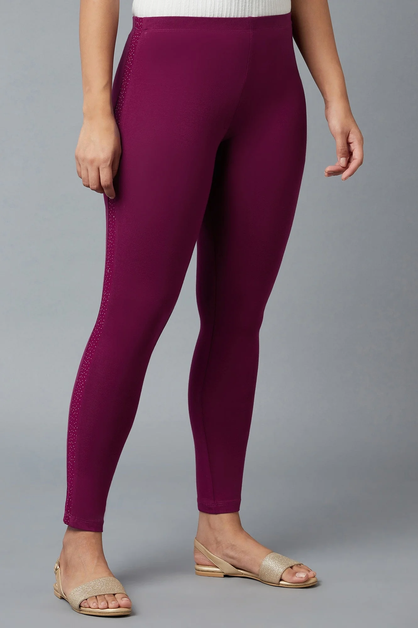 Purple Solid Skinny Fit Cotton Tights With Elasticated Waist - Image 4