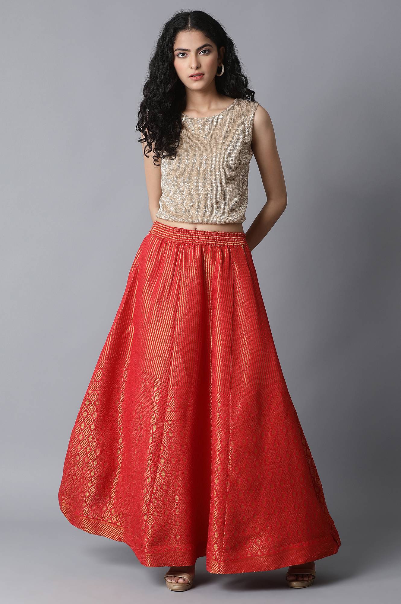 Red Dobby Printed Flared Woven Skirt with Elasticated Waist - Image 5