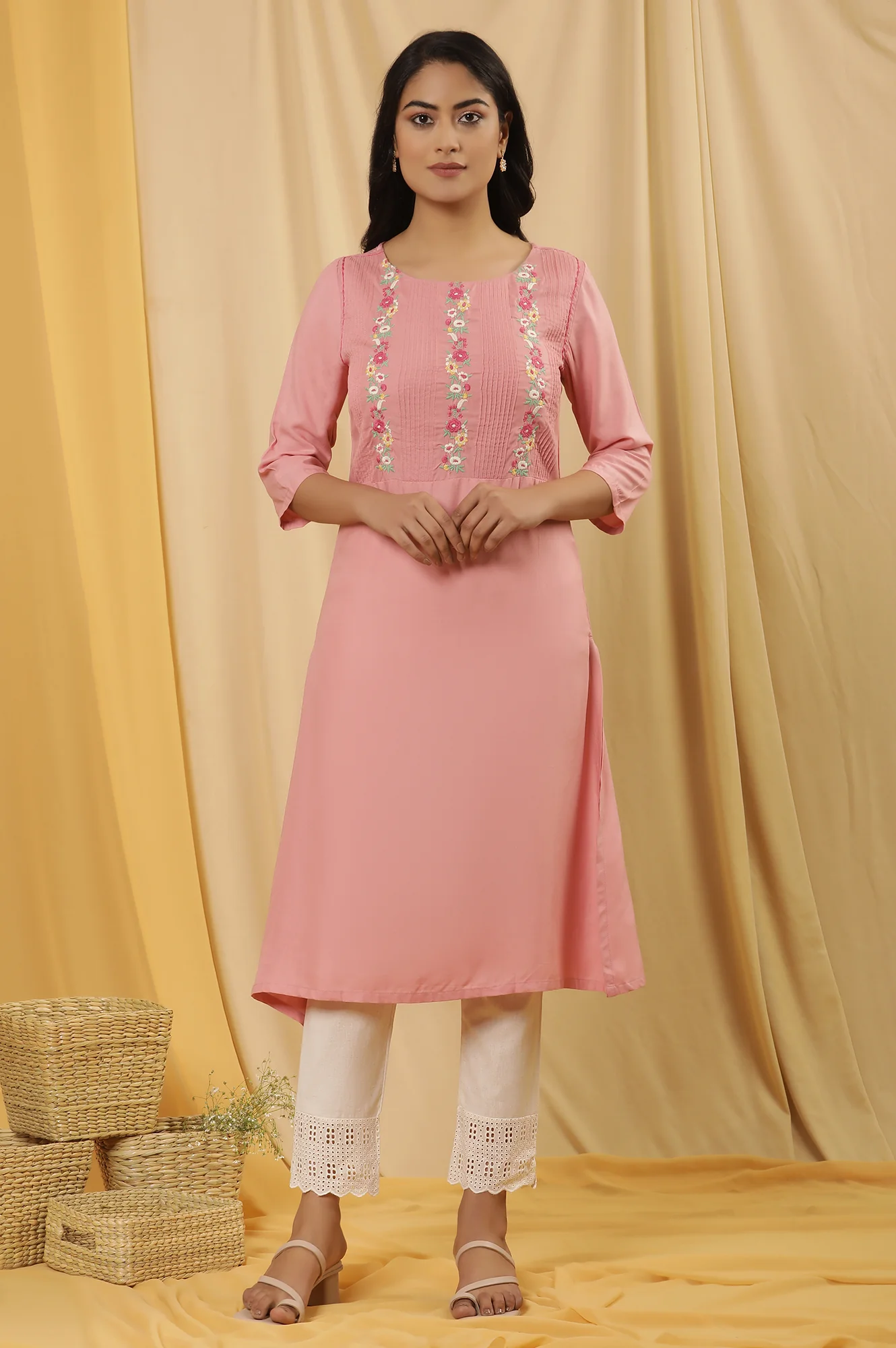 Pink Embroidered Kurta And Pants Set - Image 2