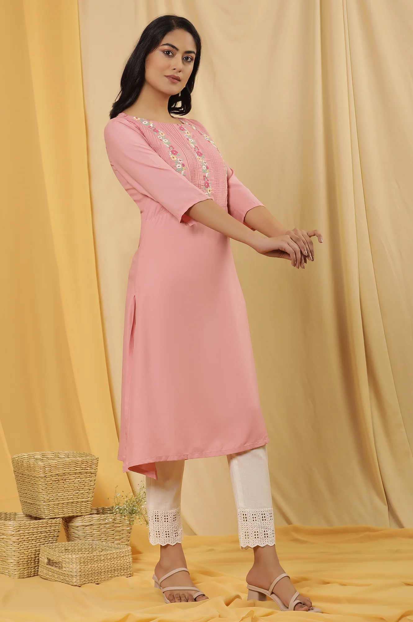 Pink Embroidered Kurta And Pants Set - Image 5