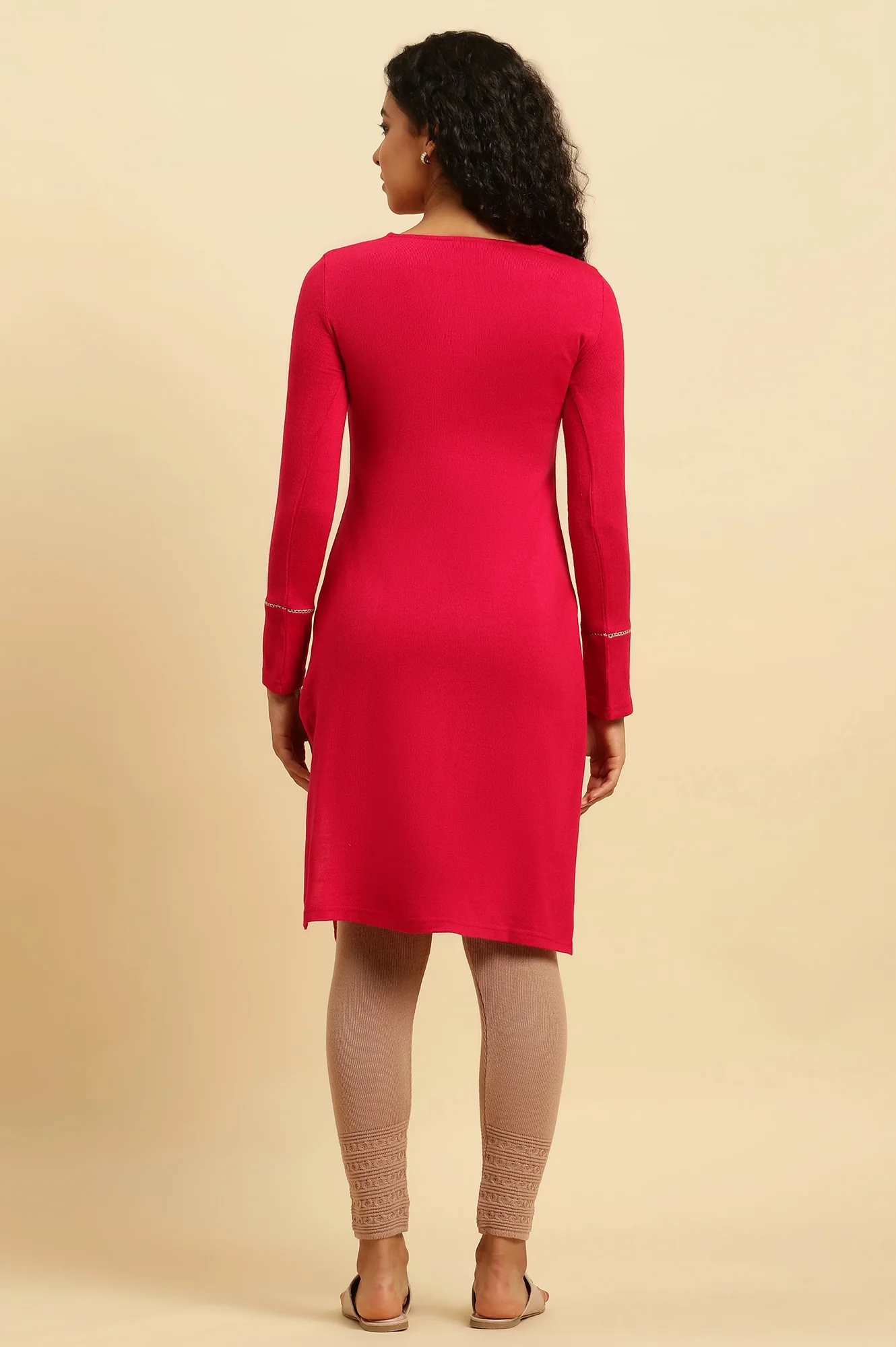 Pink Embroidered Winter Kurta And Tights Set - Image 4
