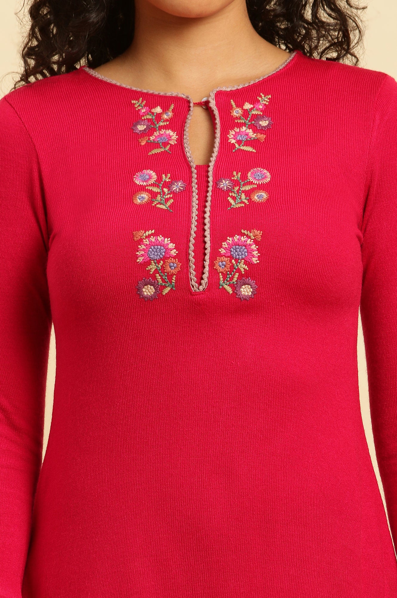 Pink Embroidered Winter Kurta And Tights Set - Image 6
