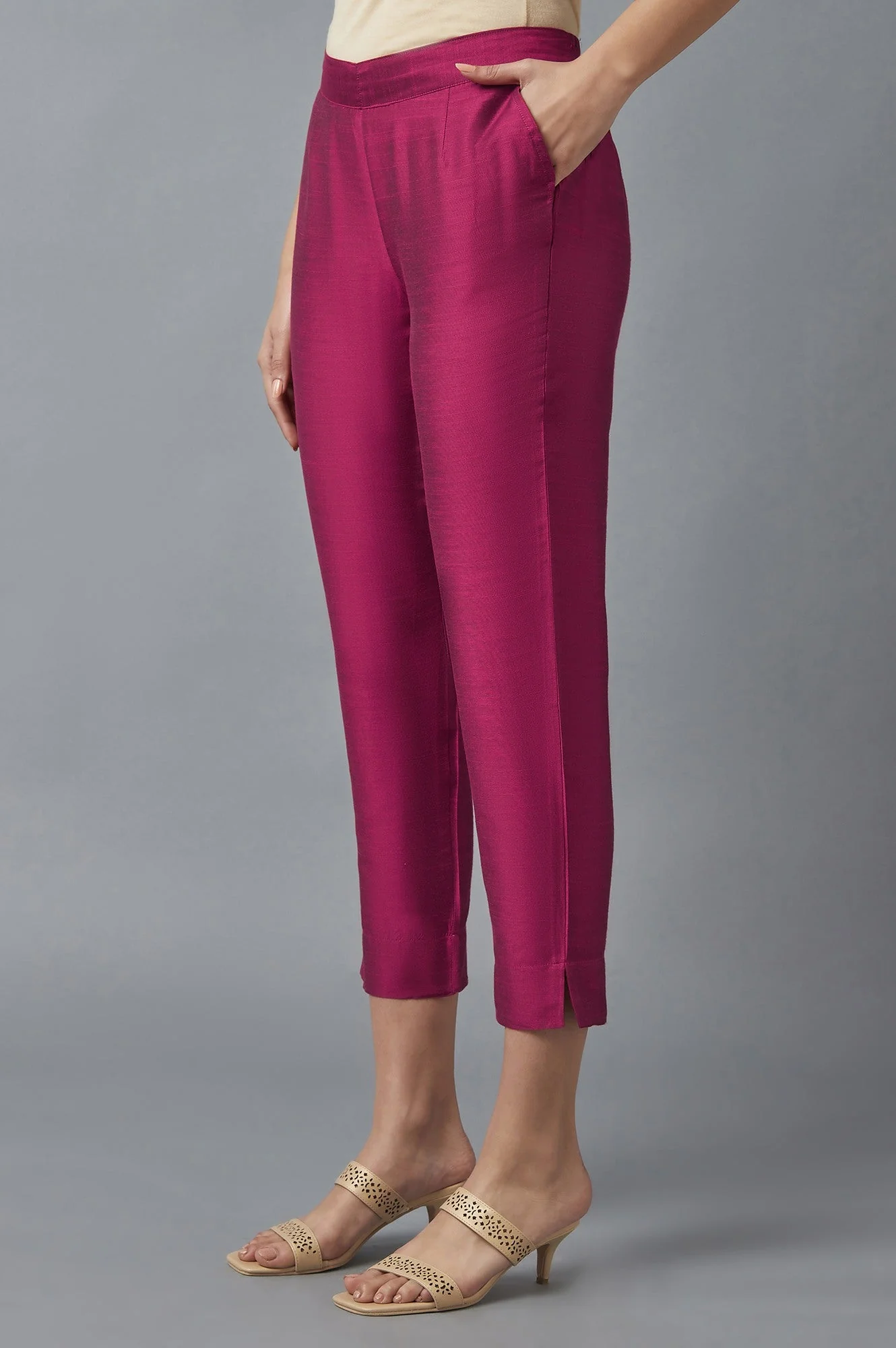 Pink Solid Straight Fit Woven Trousers With Elasticated Waistband - Image 3