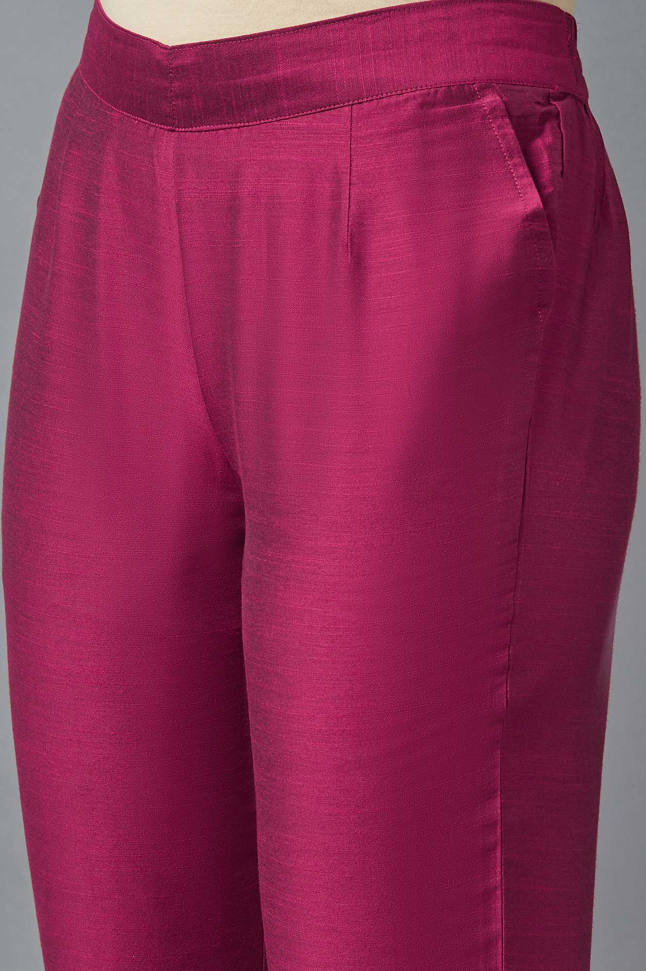Pink Solid Straight Fit Woven Trousers With Elasticated Waistband - Image 6
