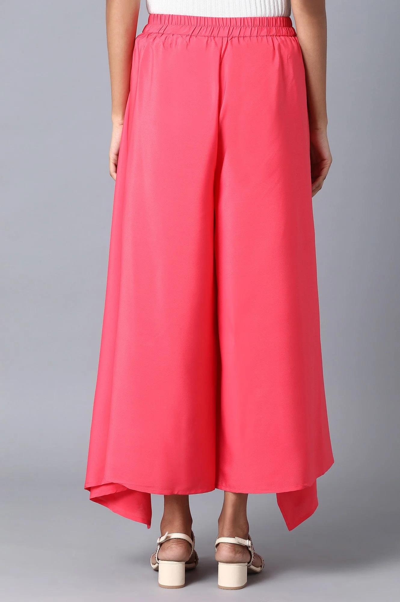 Pink Solid Flared Woven Palazzo With Elasticated Waistband - Image 2