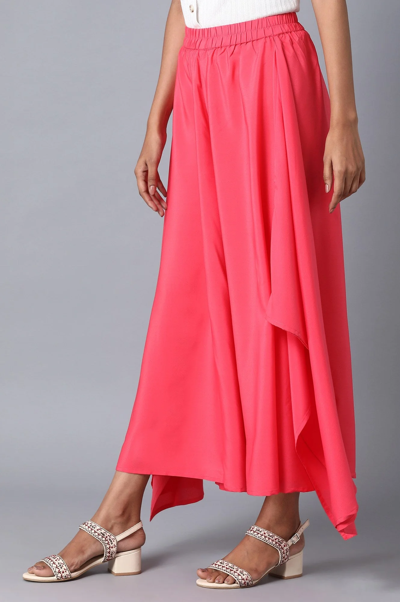 Pink Solid Flared Woven Palazzo With Elasticated Waistband - Image 3
