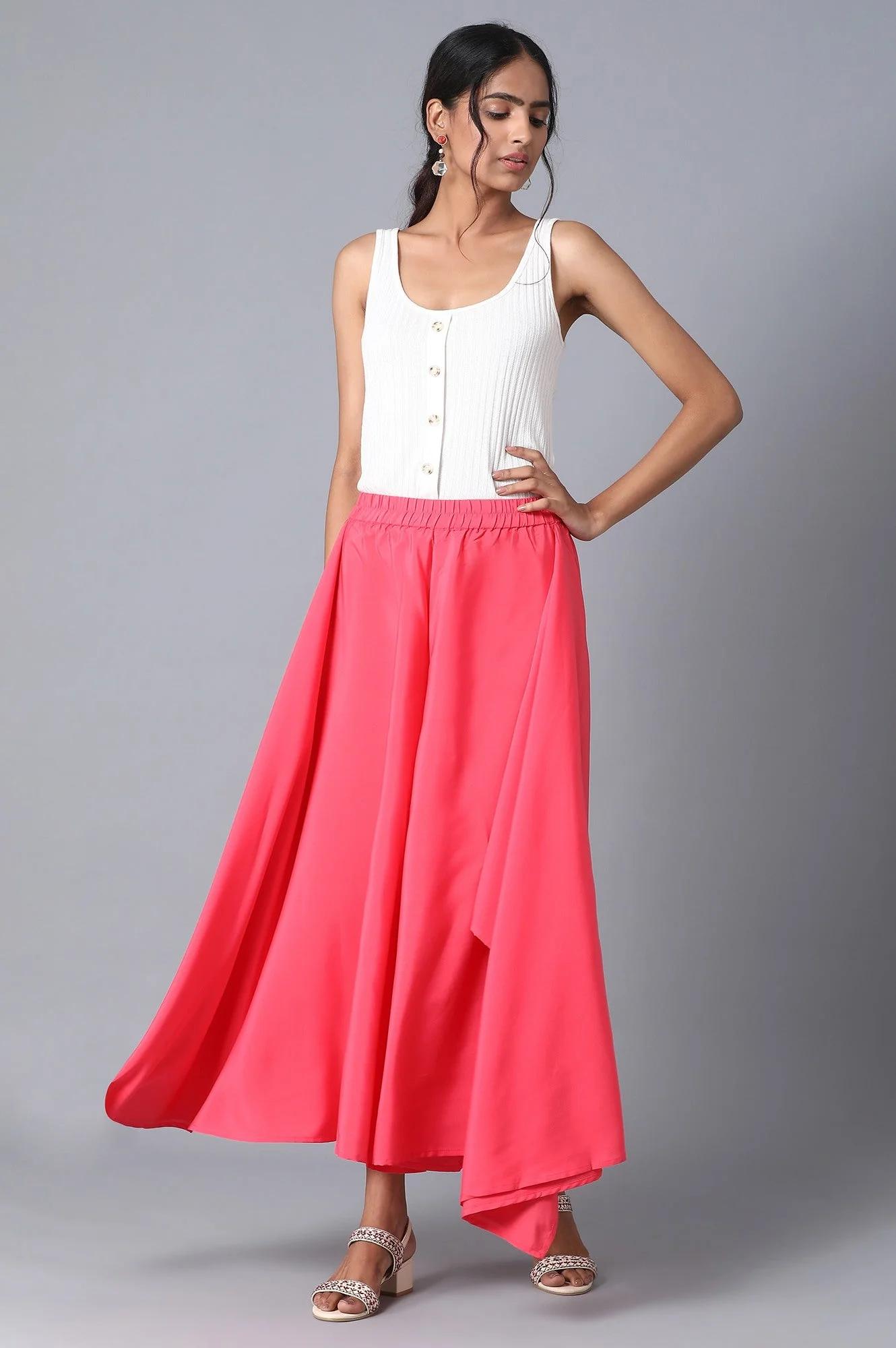 Pink Solid Flared Woven Palazzo With Elasticated Waistband - Image 5