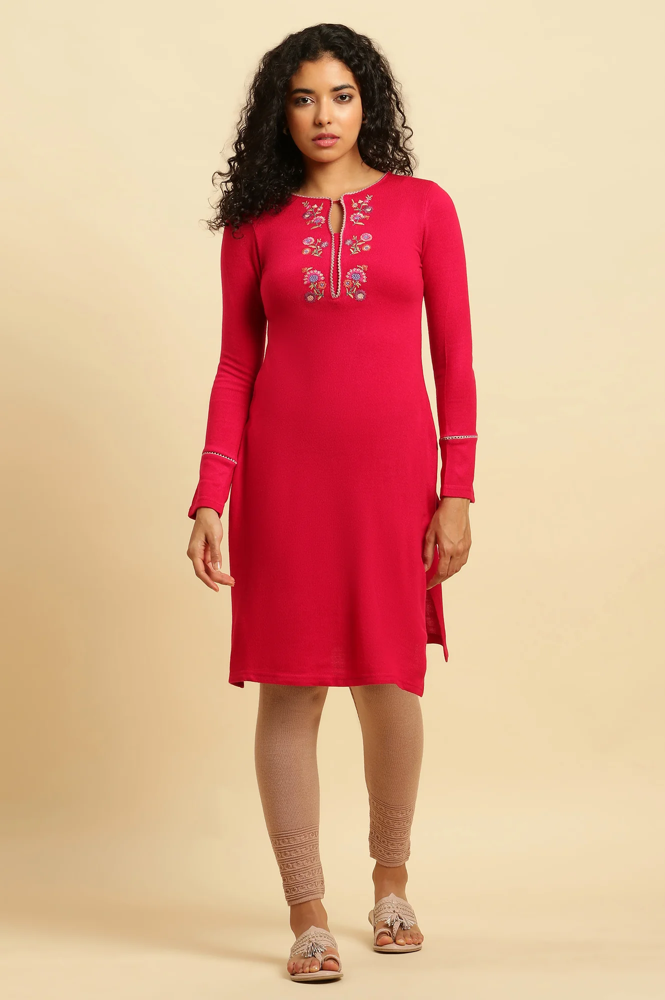 Pink Floral Embroidered Winter Kurta - Image 2