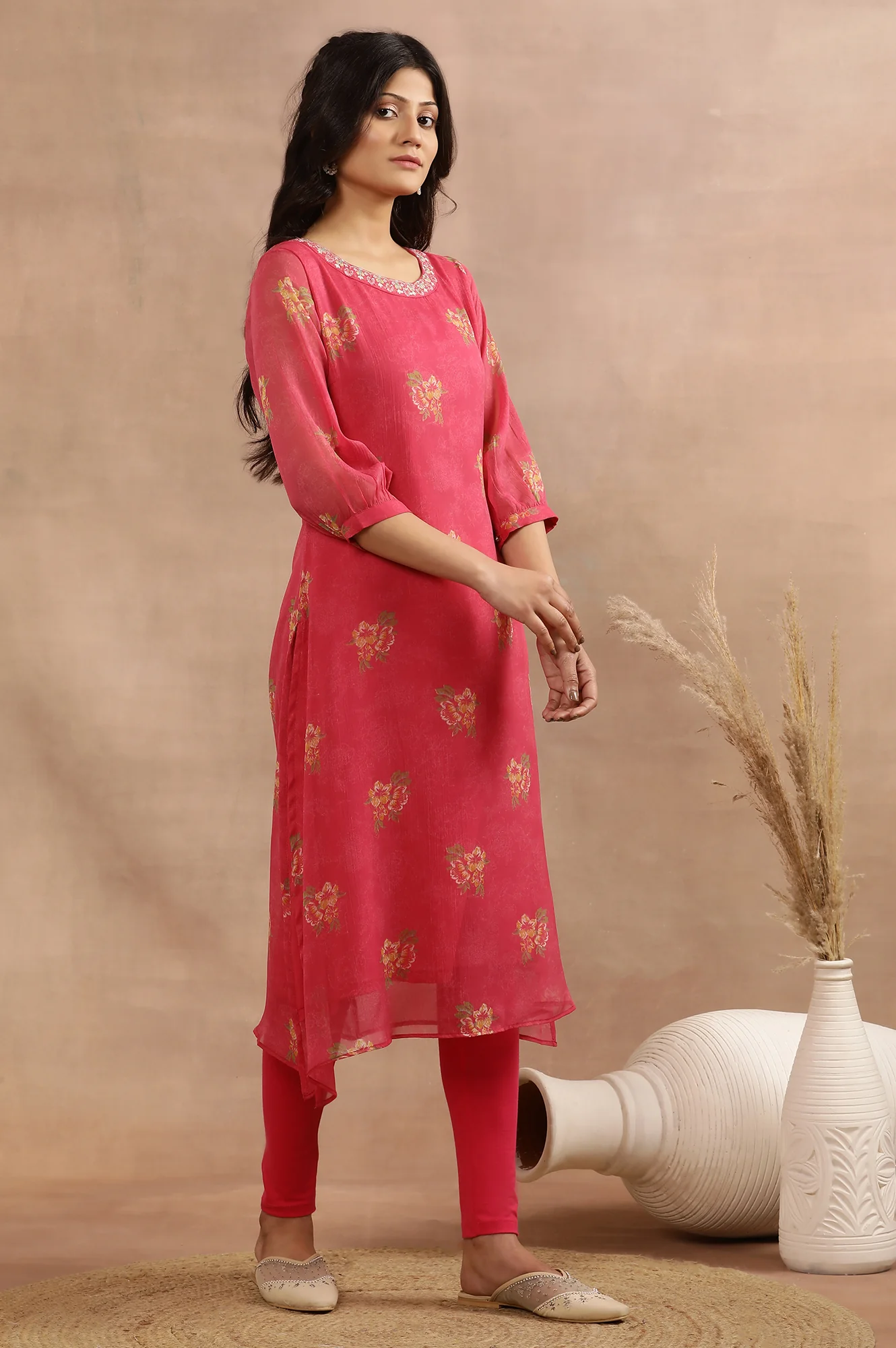 Pink Floral Printed A-Line Kurta With Embroidered Neck - Image 5