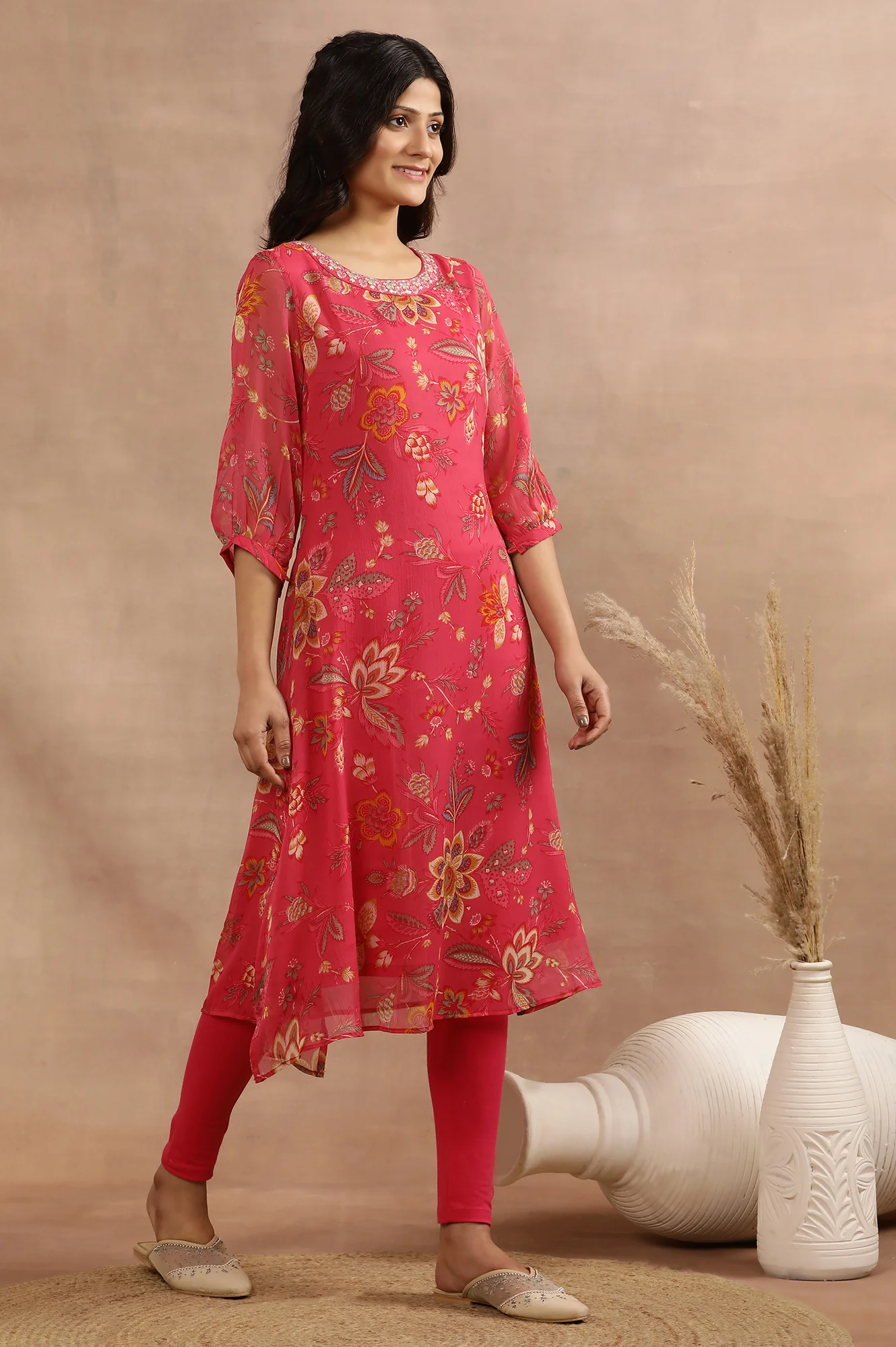 Pink Floral Printed A-Line Kurta With Embroidered Neck - Image 5
