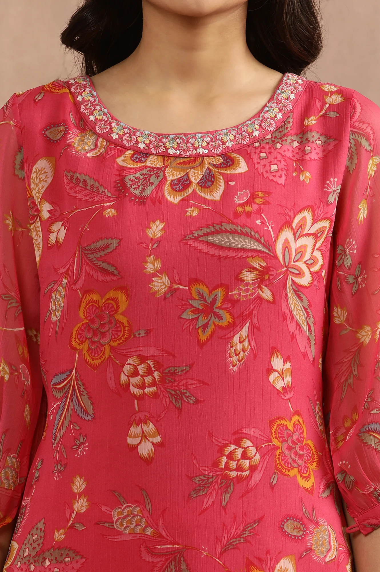 Pink Floral Printed A-Line Kurta With Embroidered Neck - Image 6