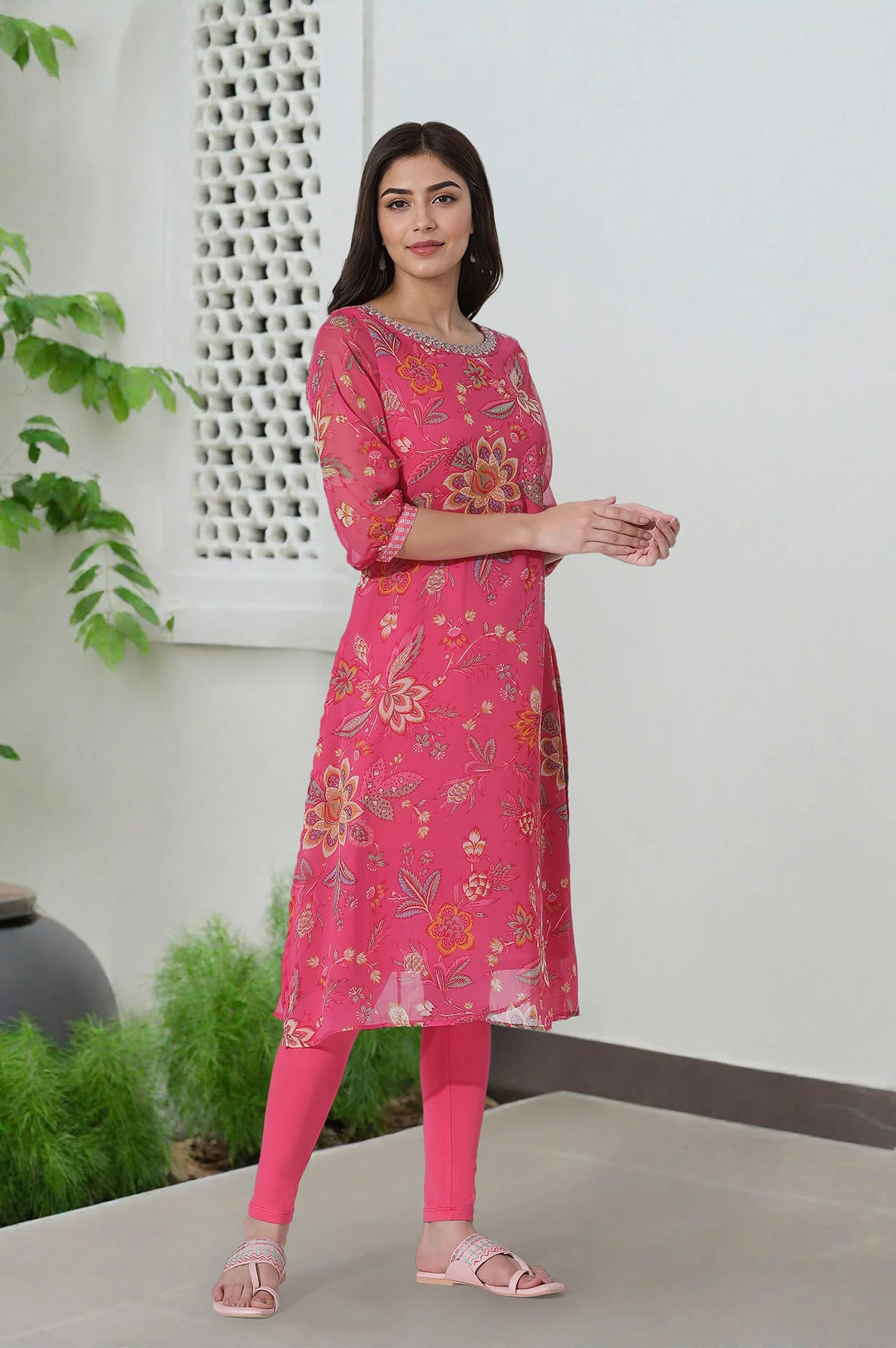 Pink Floral Printed Chiffon A-Line Kurta and Tights Set - Image 5