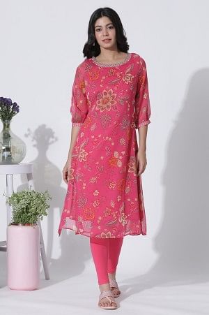 Pink Floral Printed Chiffon A-Line Kurta and Tights Set - Image 7