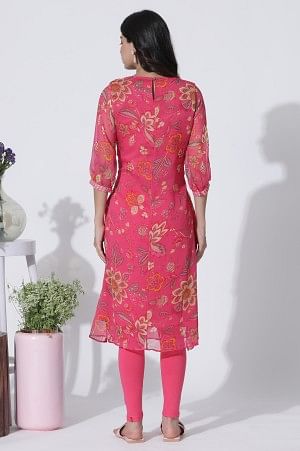 Pink Floral Printed Chiffon A-Line Kurta and Tights Set - Image 8