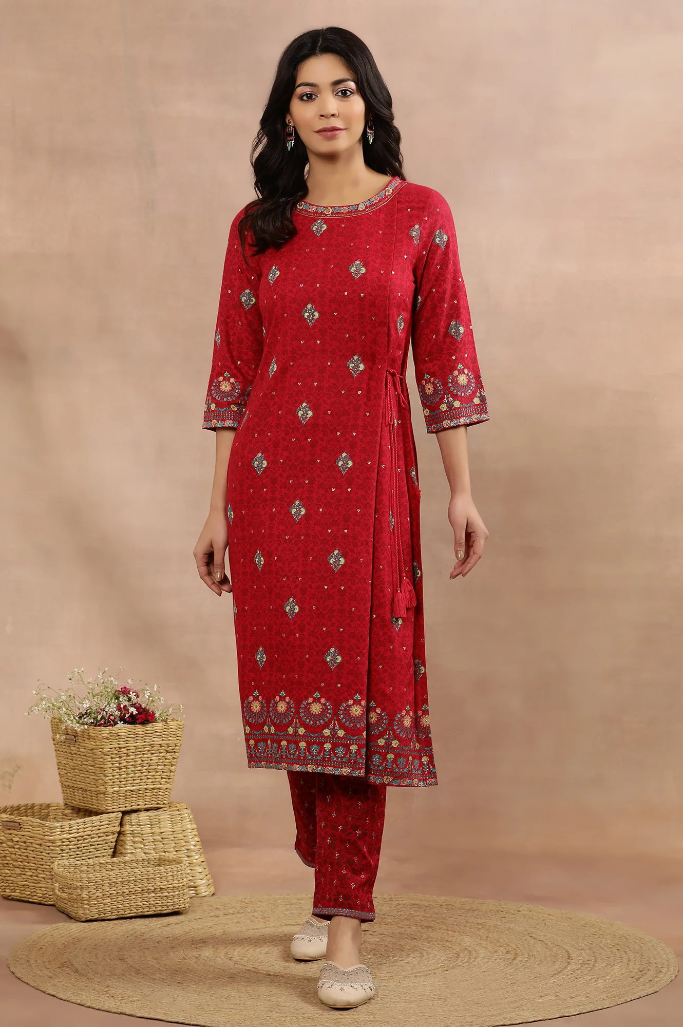 Pink Floral Printed Layered Kurta And Pants Set - Image 2
