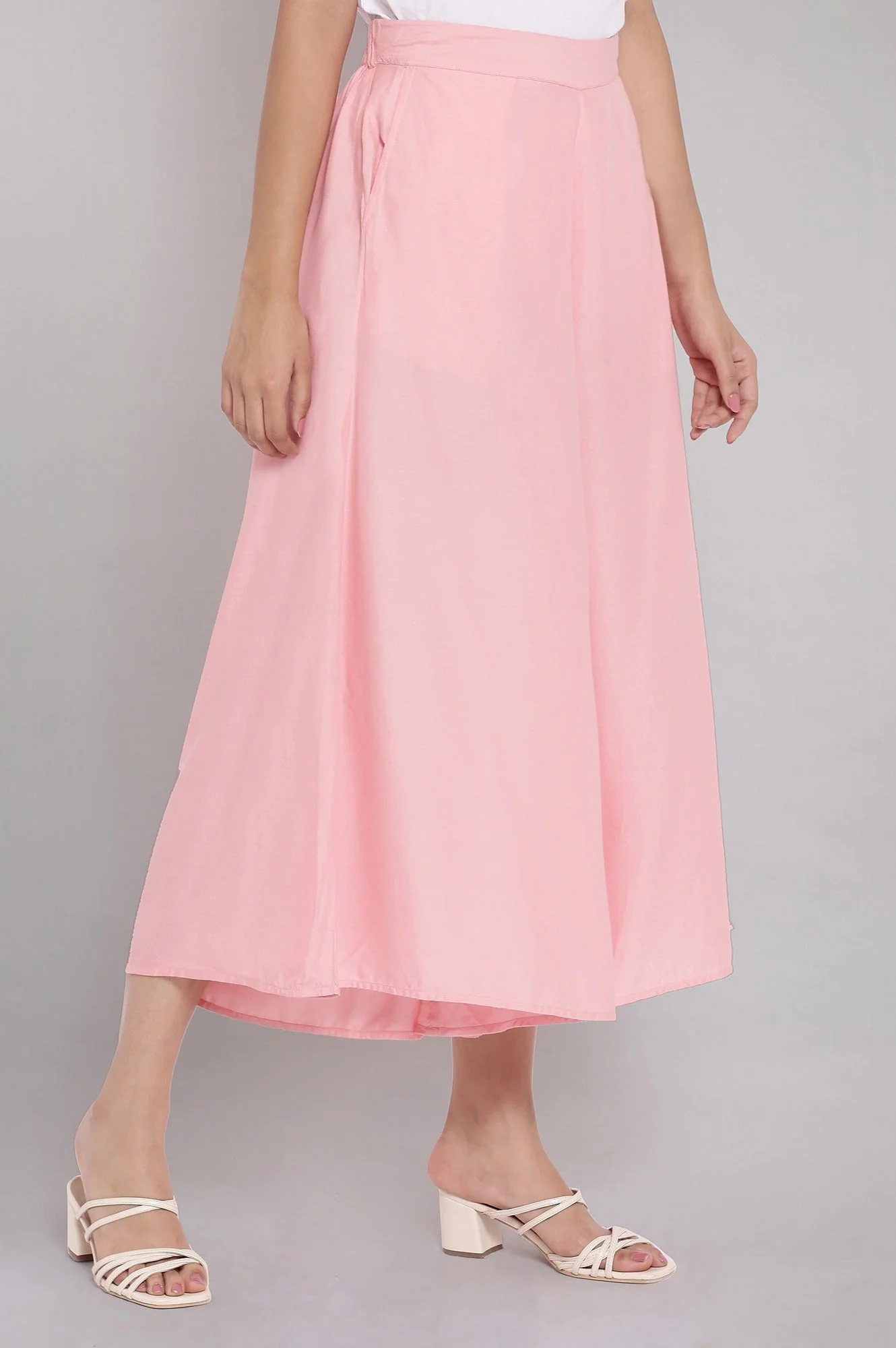 Pink Solid Flared Cotton Culottes With Elasticated Waist - Image 4