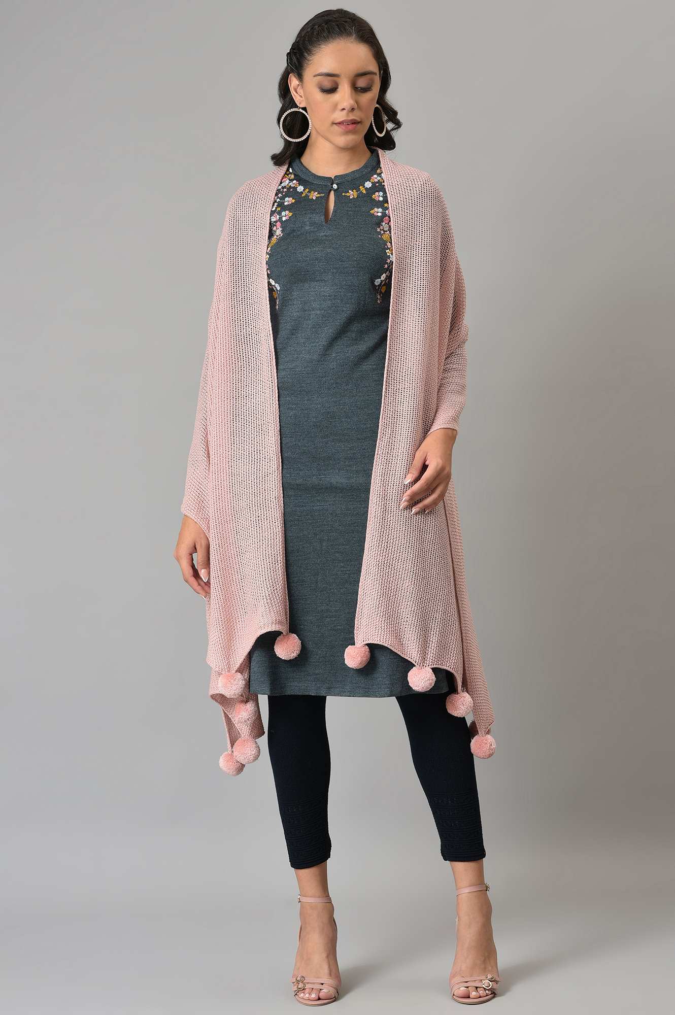 Pink Knitted Pom Pom Shawl - Image 2