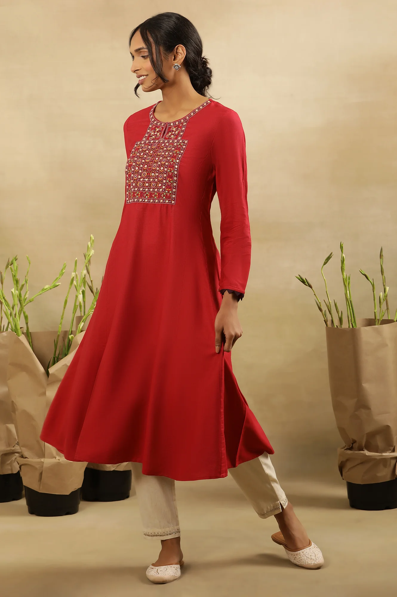 Pink Kutch Embroidery Flared Tussar Kurta - Image 2