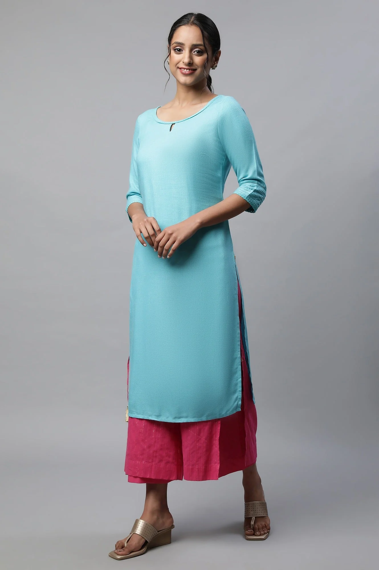 Pink Textured Straight Fit Cotton Palazzo With Drawstring Waist - Image 5