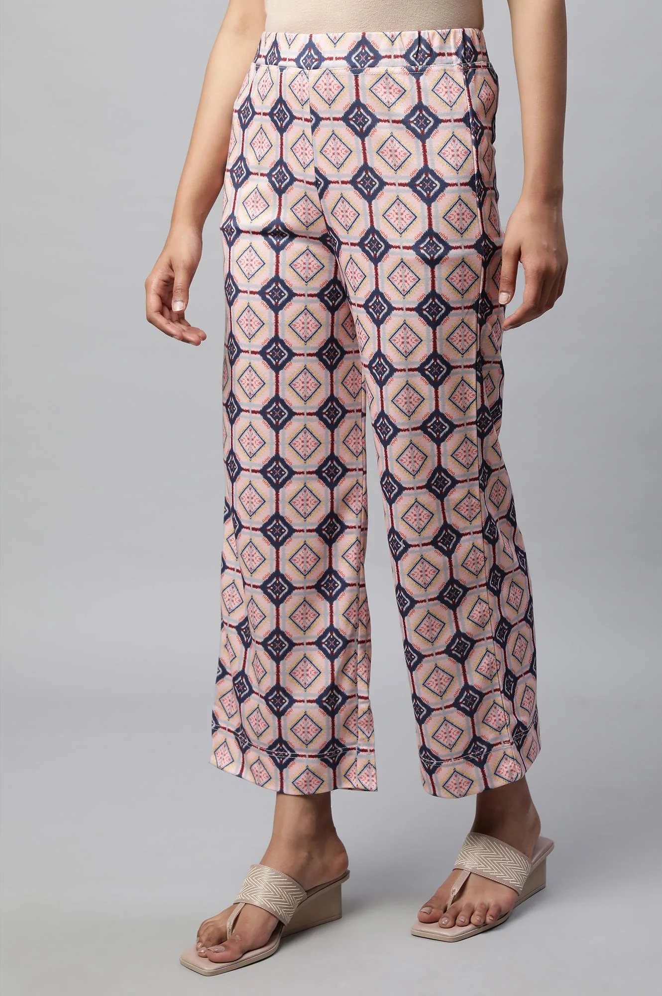 Pink Geometric Printed Straight Fit Palazzo With Elasticated Waist - Image 3
