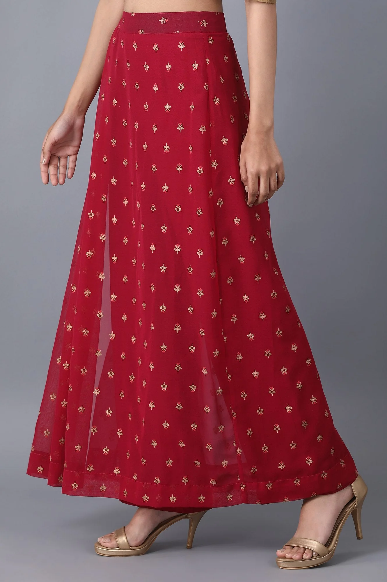 Red Floral Embroidered A-line Woven Palazzo with Side Zip - Image 3