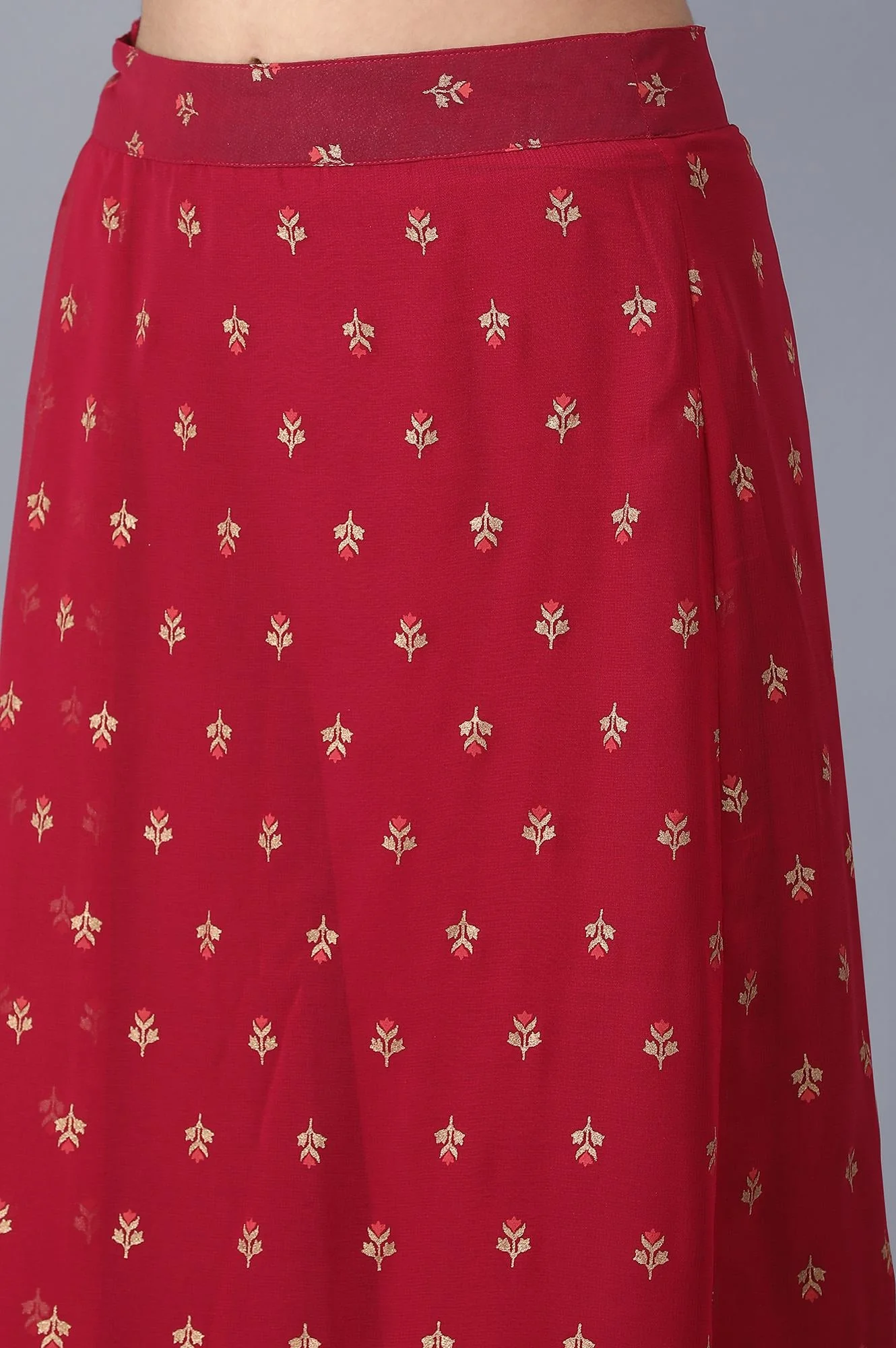 Red Floral Embroidered A-line Woven Palazzo with Side Zip - Image 6