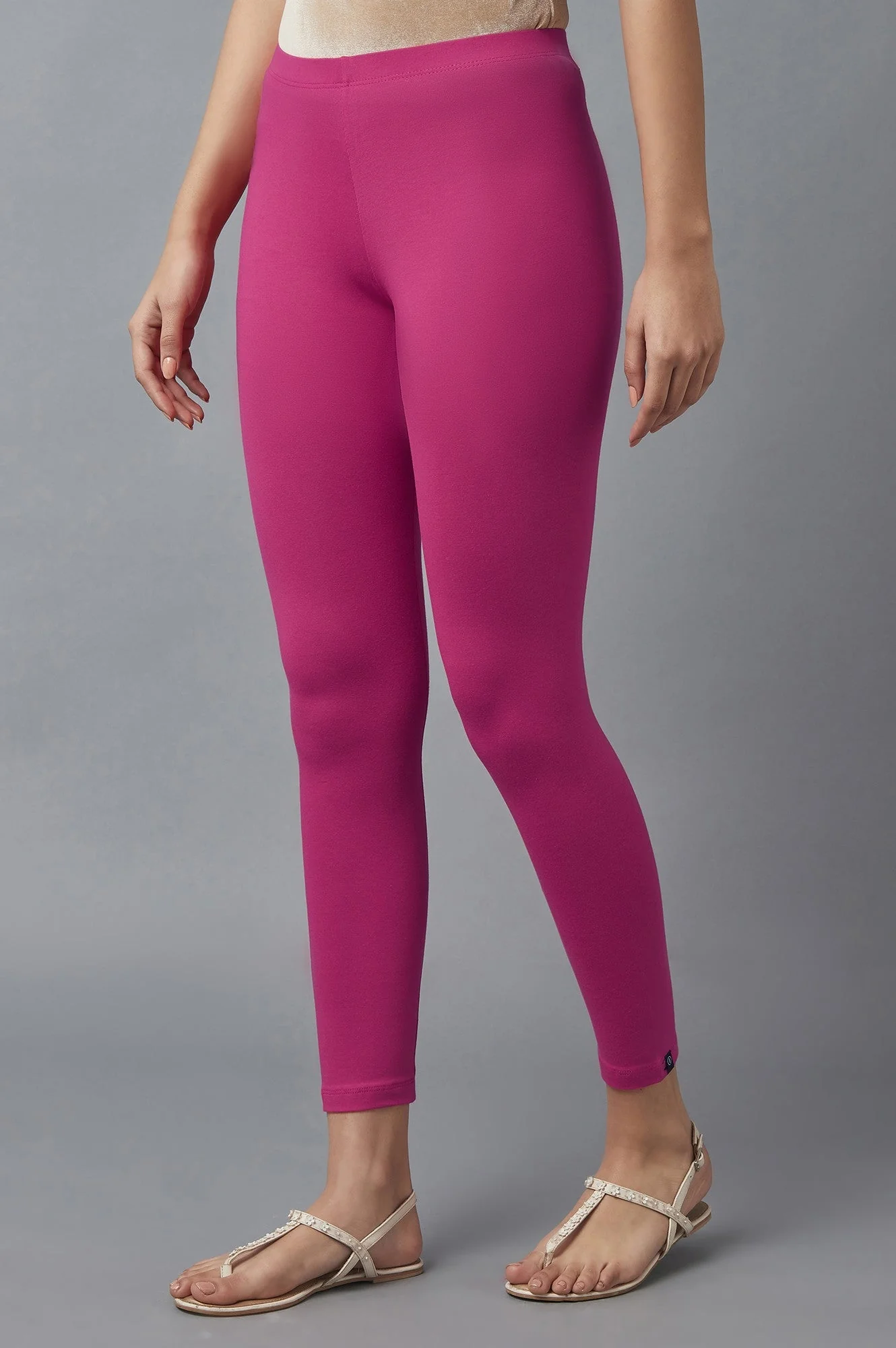 Pink Solid Skinny Cotton Tights With Elasticated Waist - Image 3