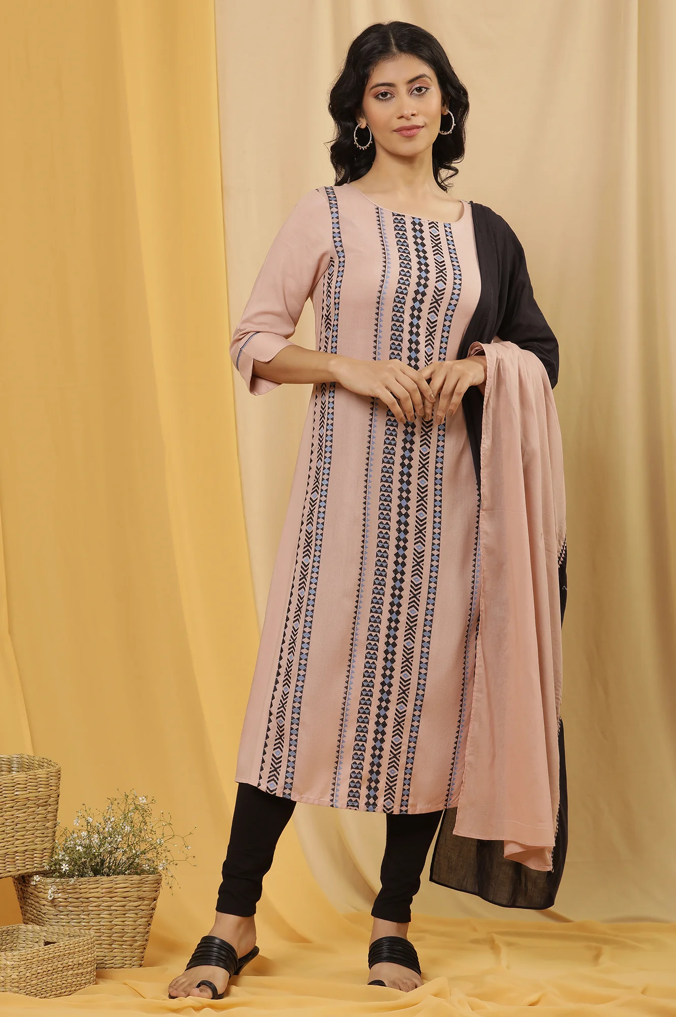 Pink Printed Straight Kurta, Tights And Dupatta Set - Image 2