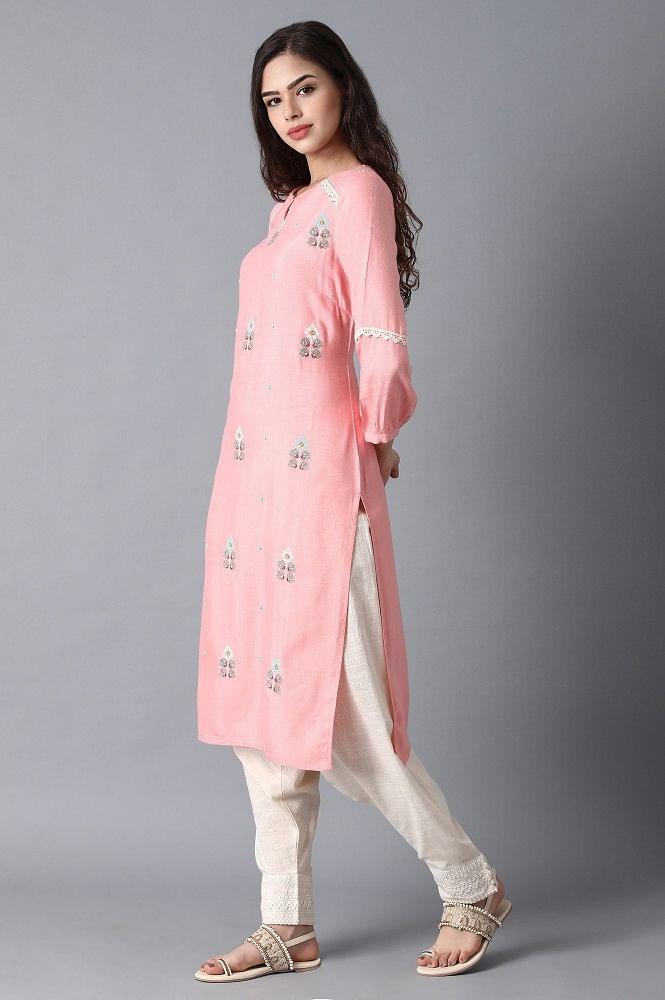 Pink Round Neck Embroidered kurta - Image 3