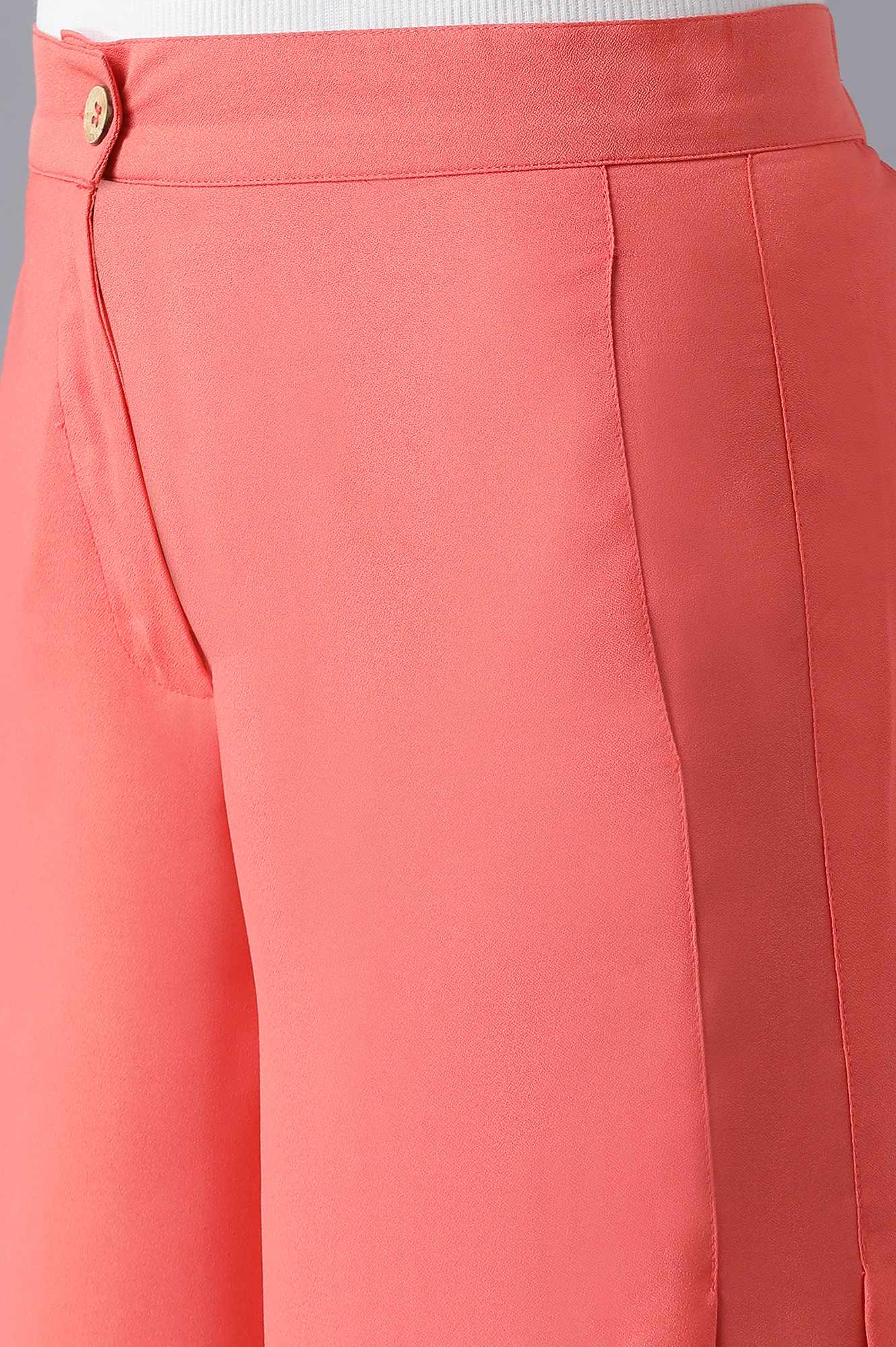 Pink Solid Flared Woven Palazzo With Side Pleats - Image 6